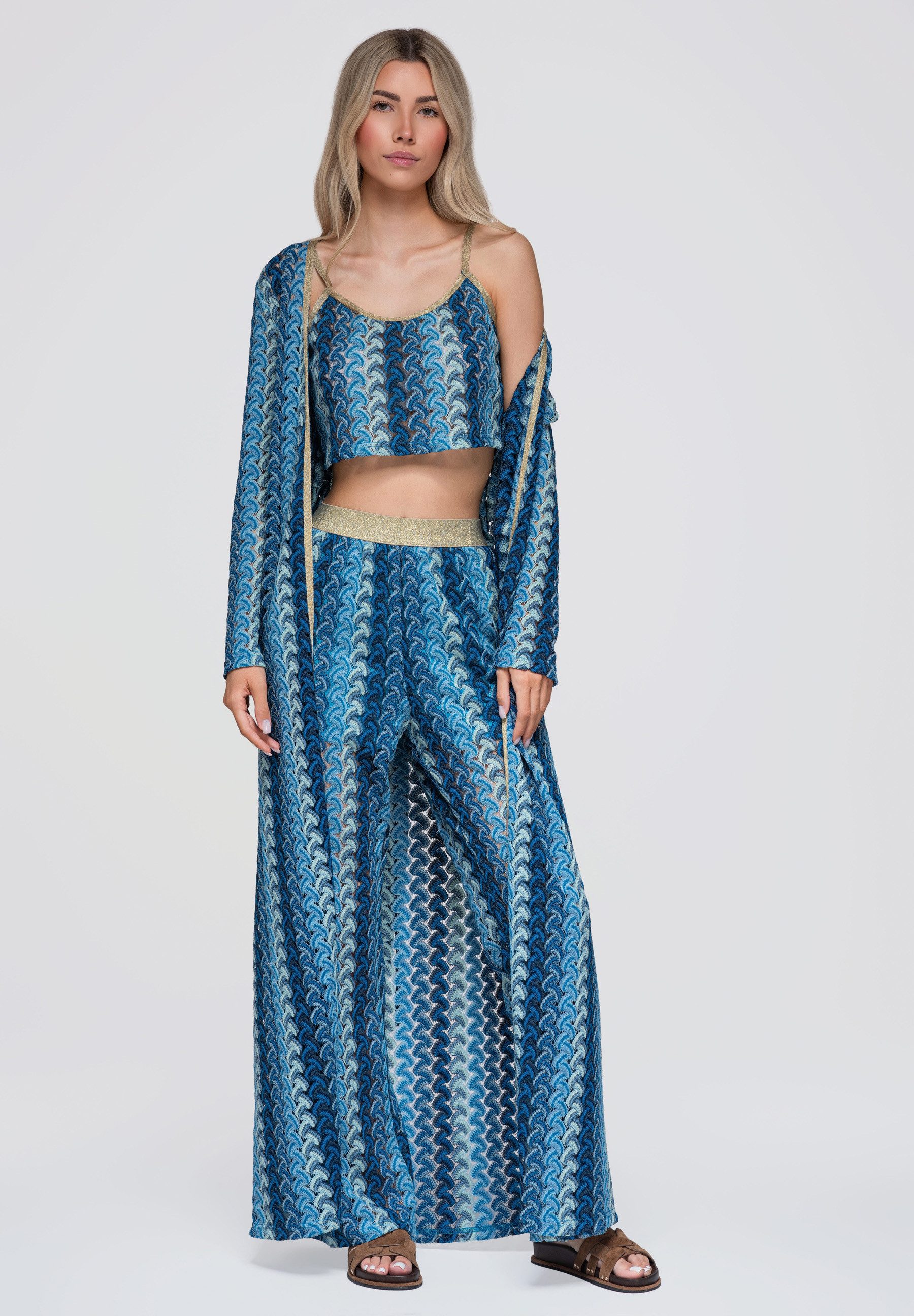 OMBRE Strickcape Damen Strickcape mit offener Front und Gürtel Blau S/M (kein Set, 1-tlg) in Unifarbe