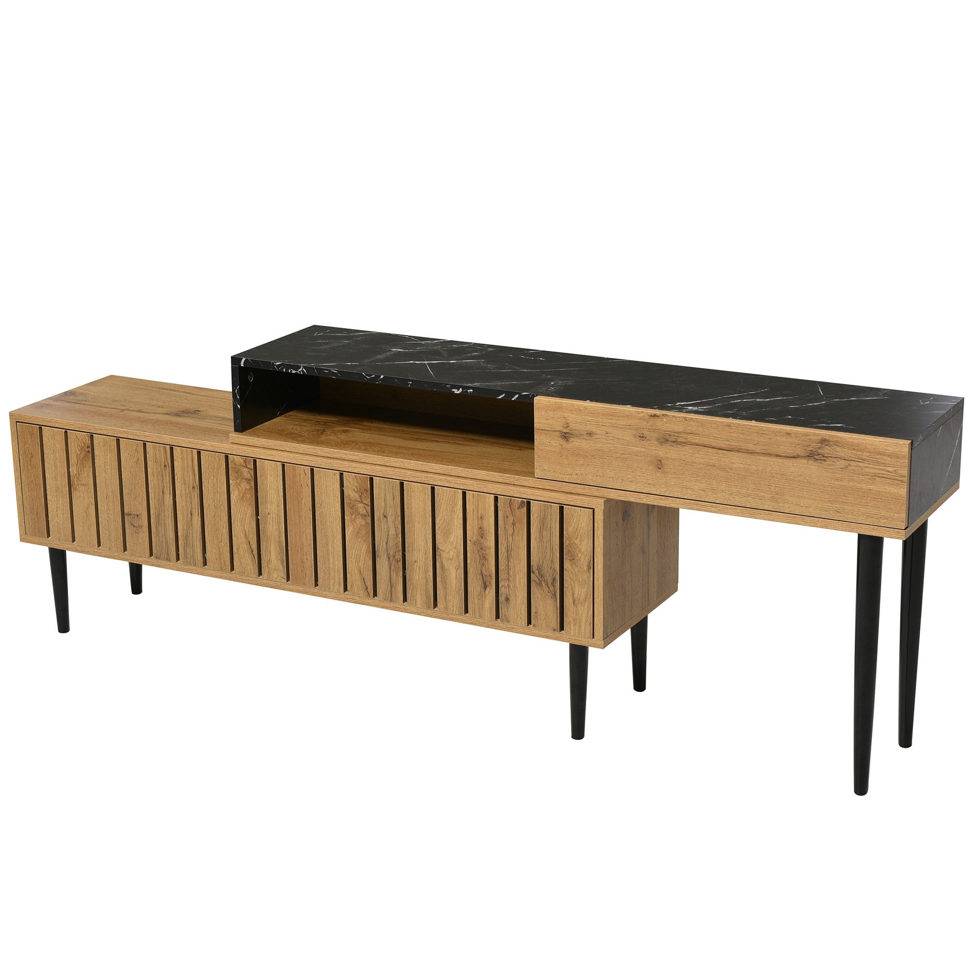 Merax Lowboard mit Tischplatte in Marmoroptik und Metallbeine, TV-Schrank stapelbar,TV-Board Länge verstellbar,Bis 200cm