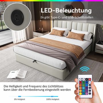 BlingBin Polsterbett Binaurales LED-Polsterbett, hydraulisches Bett (1-tlg., 140 x 200, mit Stauraum, PU, grau), mit LED-Beleuchtung, verstellbares Kopfteil, USB-Anschluss im Bett
