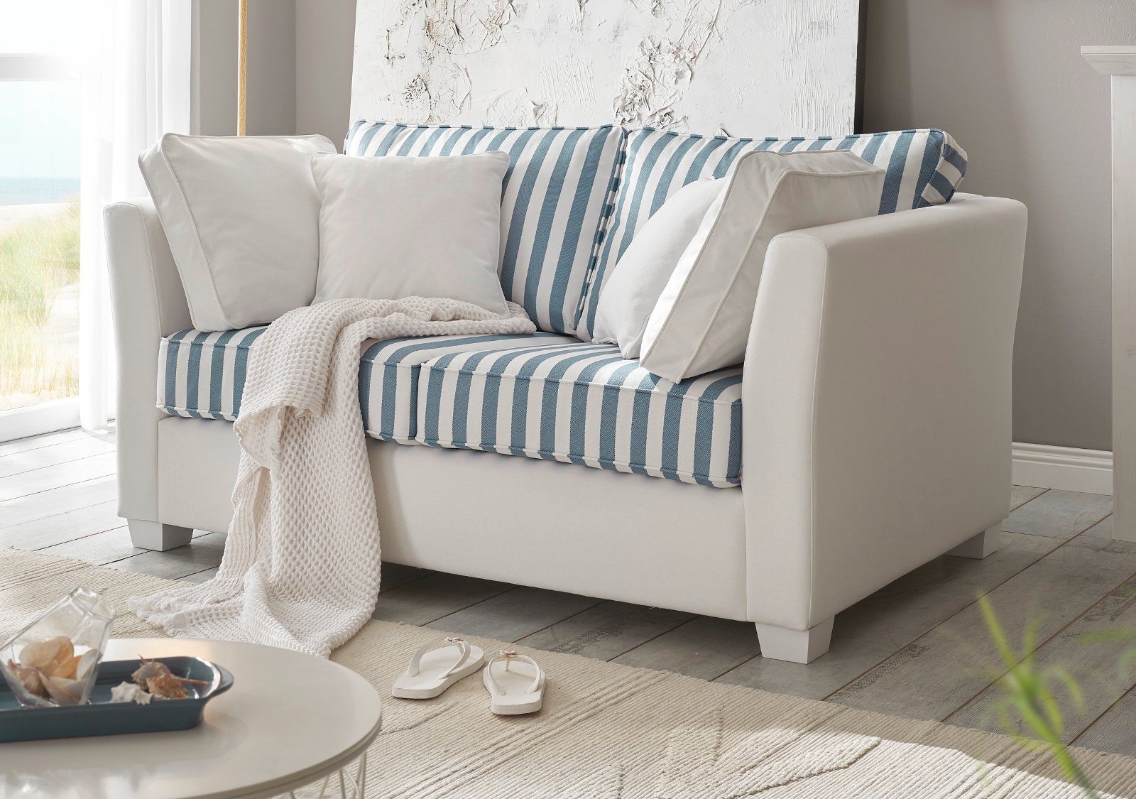 Furn.Design Sofa Hooge, 2-Sitzer in Creme mit blau, Landhausstil, mit  Bonell Federkern
