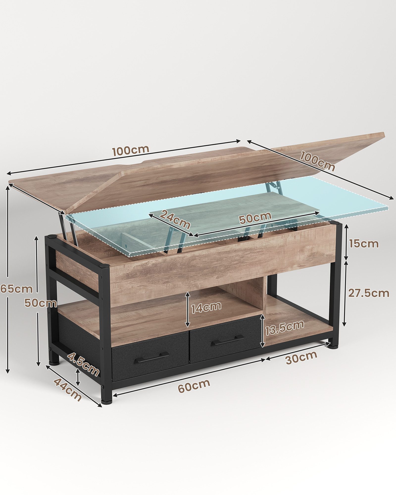 MSMASK Couchtisch 3-in-1-Multifunktions-Wohnzimmertisch mit 2 Schubladen, günstig online kaufen