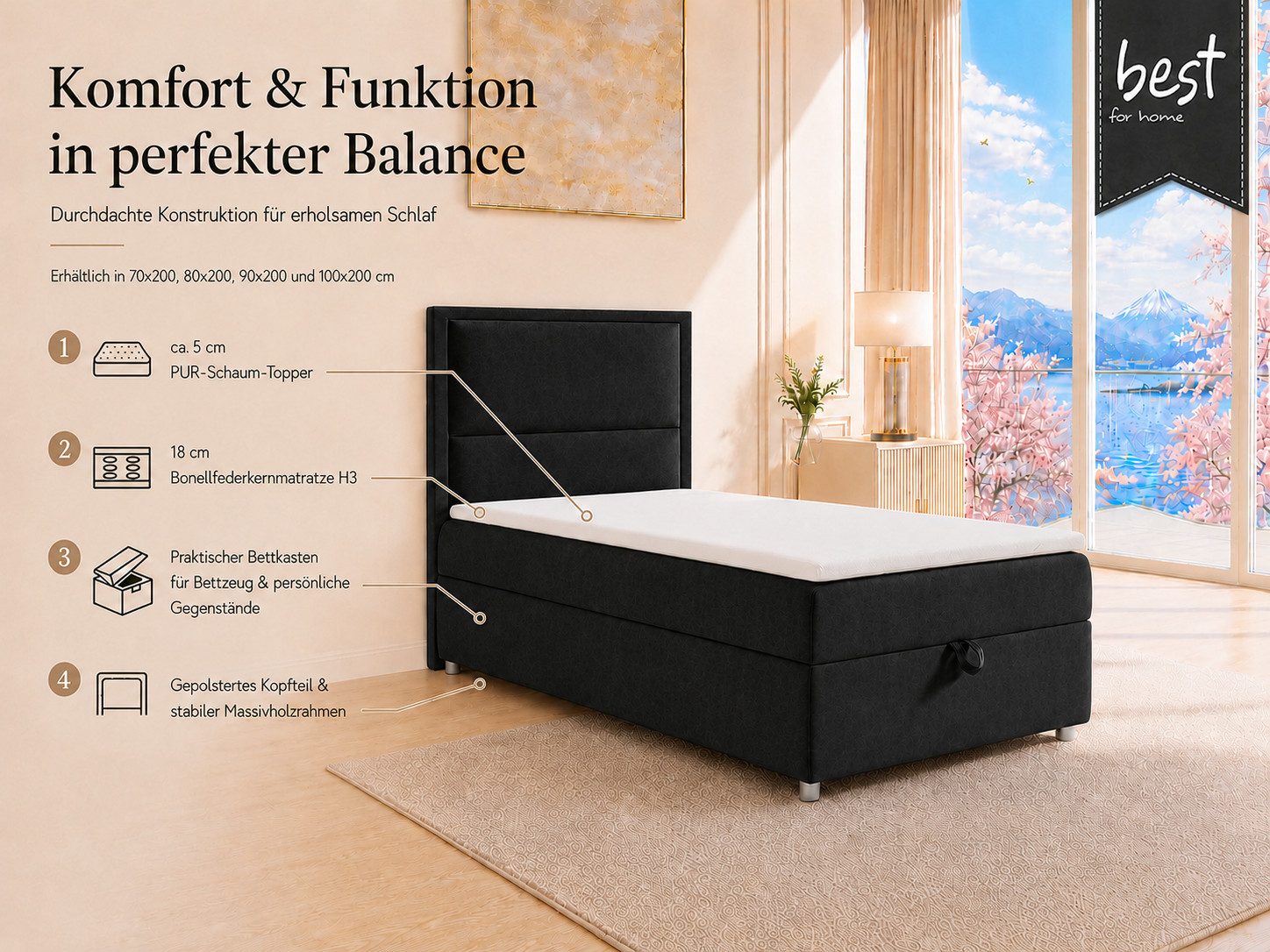 Best for Home Boxspringbett K-11 SINGLE mit Bettkasten, Bonellfederkern, Komfort Topper H3 (Hotelbett, Einzelbett, Kinderbett, Juniorbett, 5-St., 70x200 80x200 90x200 100x200 cm), Einzelbett mit integriertem Stauraum, gepolstertem Kopfteil