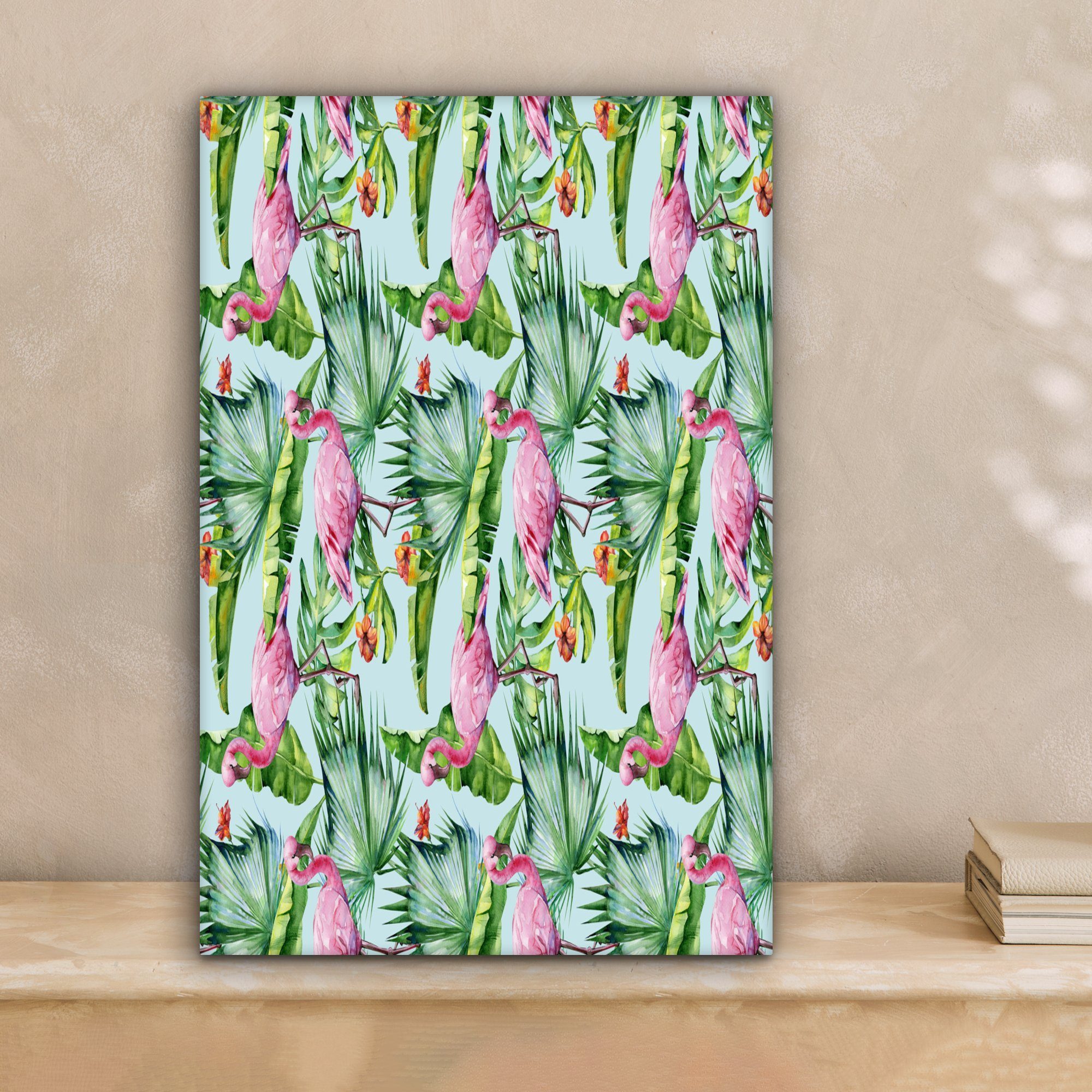 OneMillionCanvasses® Leinwandbild fertig Zackenaufhänger, - (1 Rosa, 20x30 cm Hibiskus Gemälde, - - Flamingo bespannt St), Blumen Leinwandbild inkl