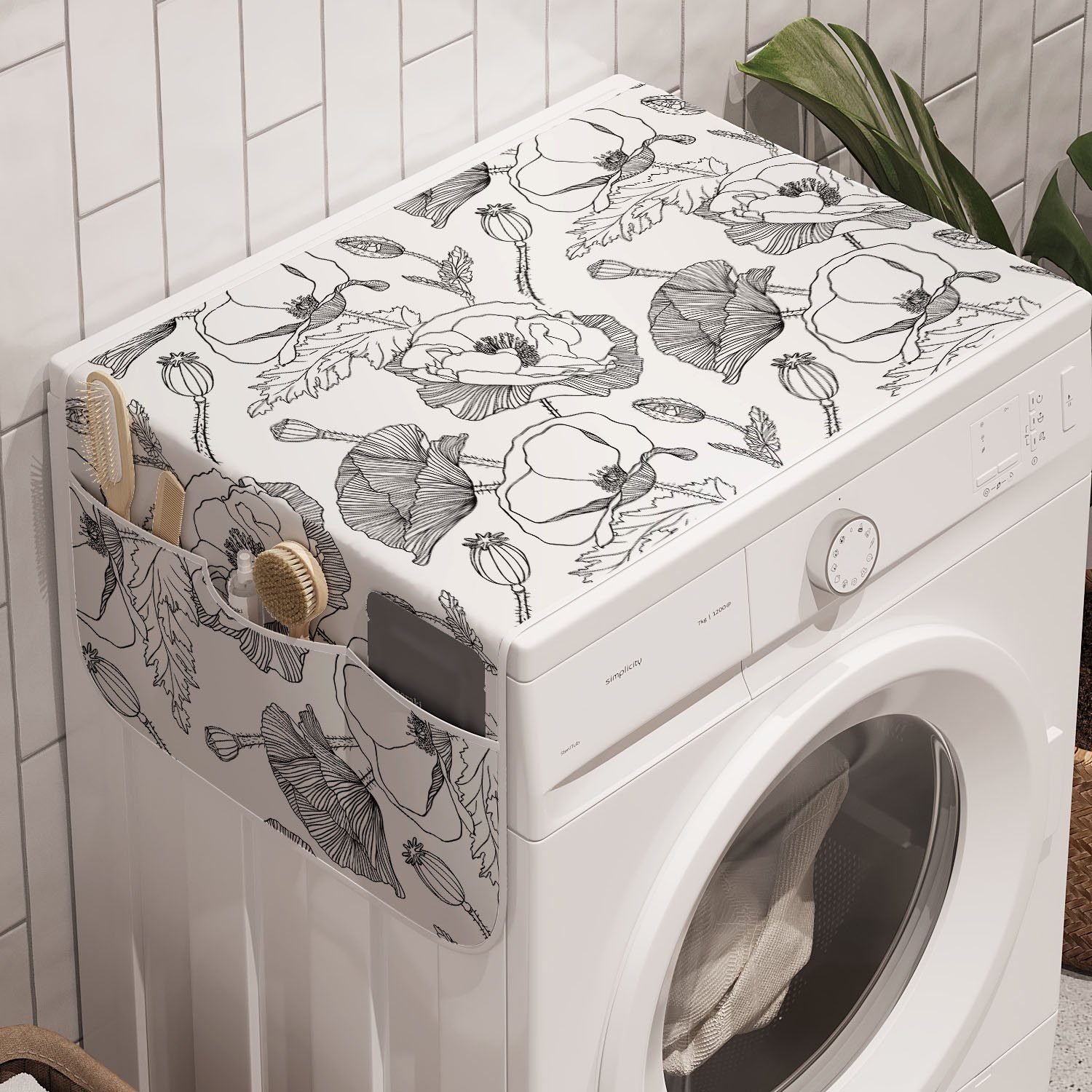 Mohnblumen-Blüten-Knospen Schwarz Abakuhaus Waschmaschine Trockner, Anti-Rutsch-Stoffabdeckung für und weiß Badorganizer und