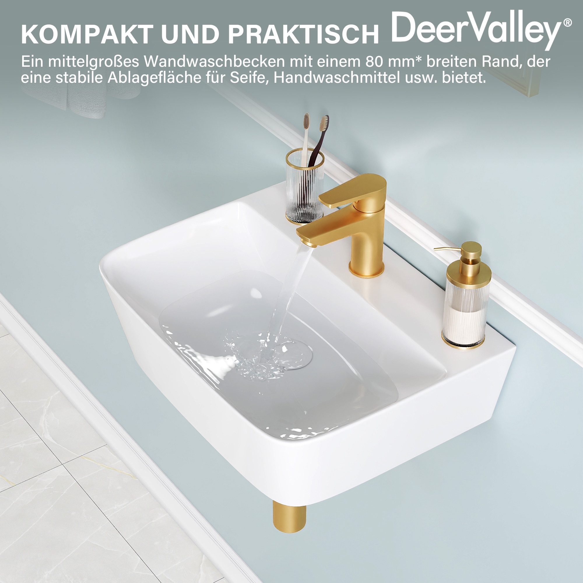DeerValley Waschbecken DeerValley Wand-/Aufsatz-Waschbecken, Mit Ablagefläche, Ohne Überlauf, Platzsparend, Leicht zu reinigen