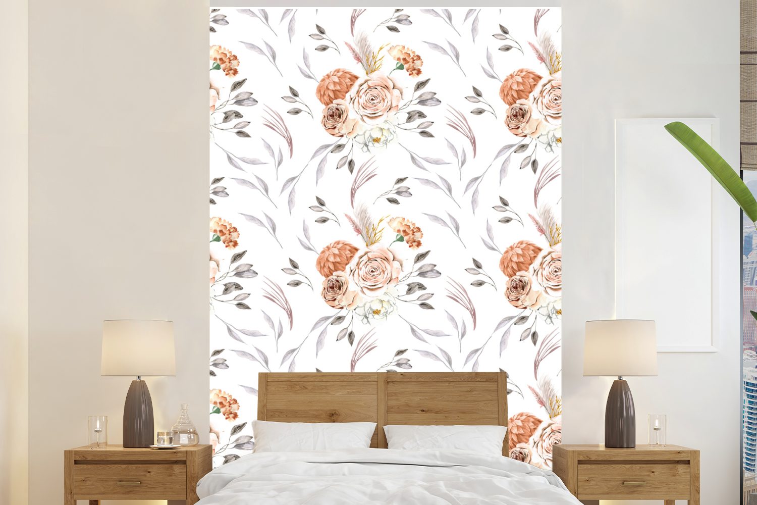MuchoWow Fototapete Blumendekoration - Muster - Weiß, Matt, bedruckt, (3 St), Montagefertig Vinyl Tapete für Wohnzimmer, Wandtapete