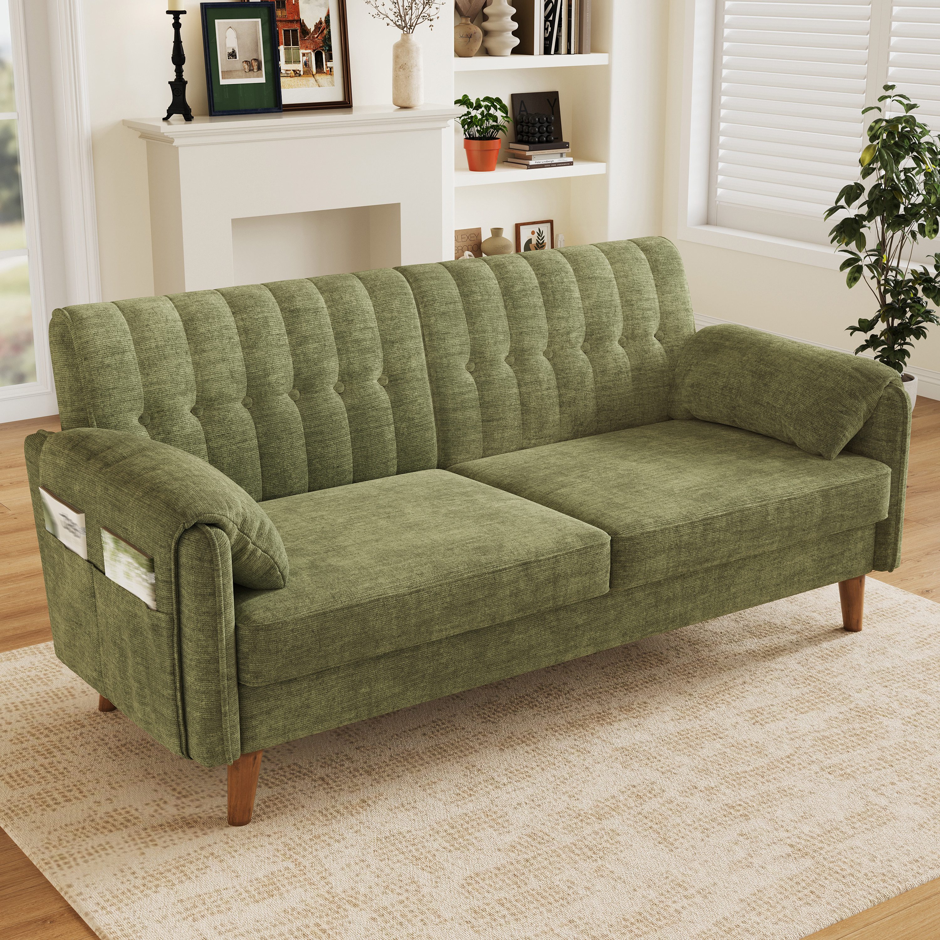 HAUSS SPOLE Loungesofa aus Chenille,Zweisitzer Relaxsofa mit Holzbeine & Seitentaschen,Grün, 2-Sitzer-Sofa Chenille-Polstersofa mit Knopfheftungs-Design, Kompaktsofa Relaxsessel mit Massivholzbeine