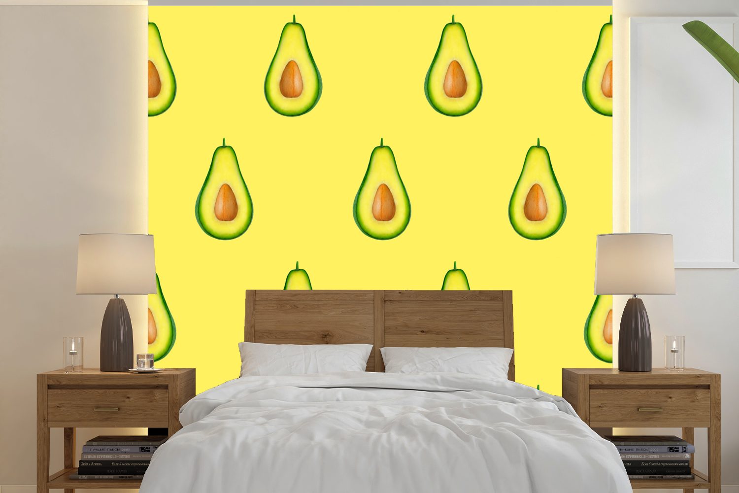 MuchoWow Fototapete Avocado - Muster - Obst, Matt, bedruckt, (5 St), Vinyl Tapete für Wohnzimmer oder Schlafzimmer, Wandtapete