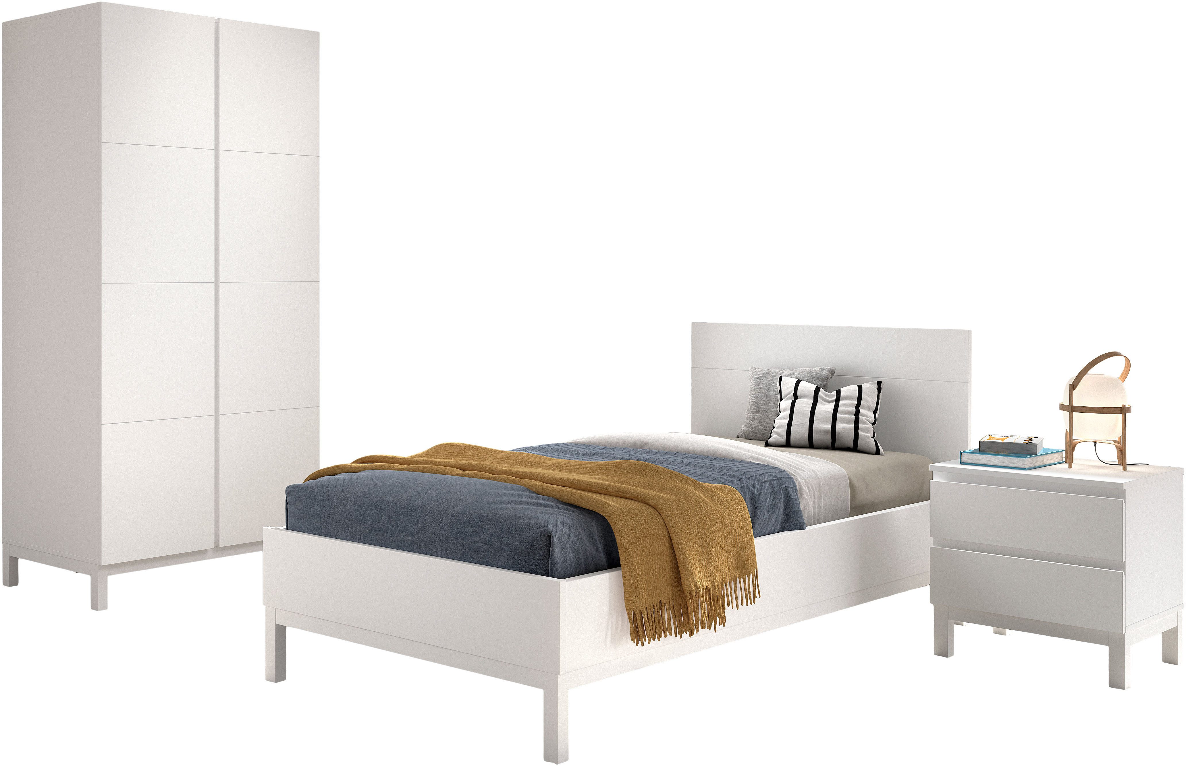Vipack Jugendzimmer-Set Set best. aus Einzelbett 90/200, Nachtkonsole, Kleiderschrank 2-trg., (3-tlg), in gradlinigem Design, pflegeleichte lackierte Oberfläche in Weiß