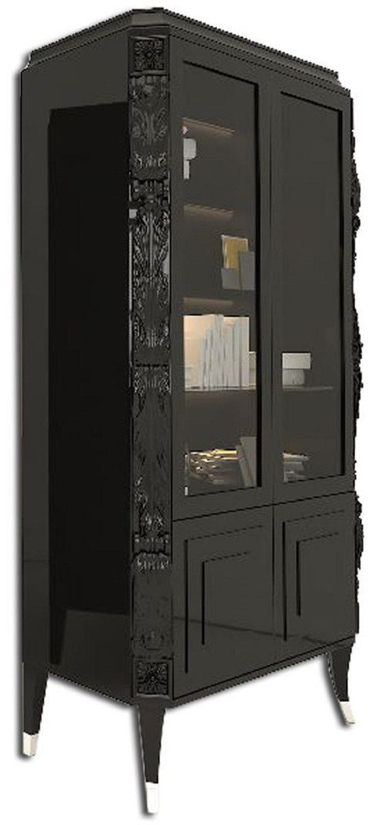 Casa Padrino Vitrine Luxus - Massivholz Schwarz / Art - Deco Art Vitrinenschrank Möbel Handgefertigter Silber Wohnzimmer Vitrine Deco