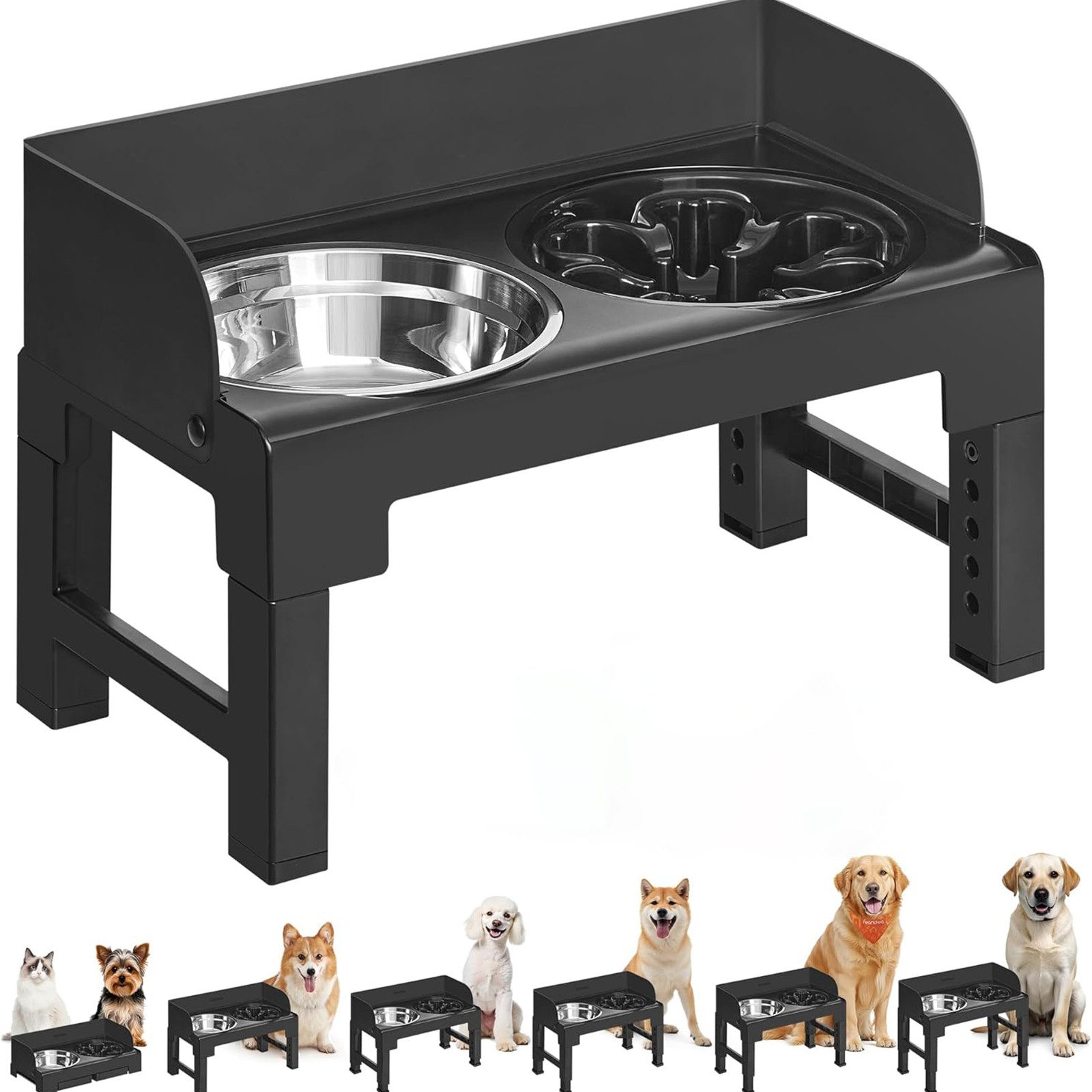 SURFOU Futterstation Hundenapf erhöht, 6-fach höhenverstellbar & neigbar, inkl. 2 Näpfe, Edelstahl Napf + Anti Schling Napf,rutschfeste Futterstation für Hunde