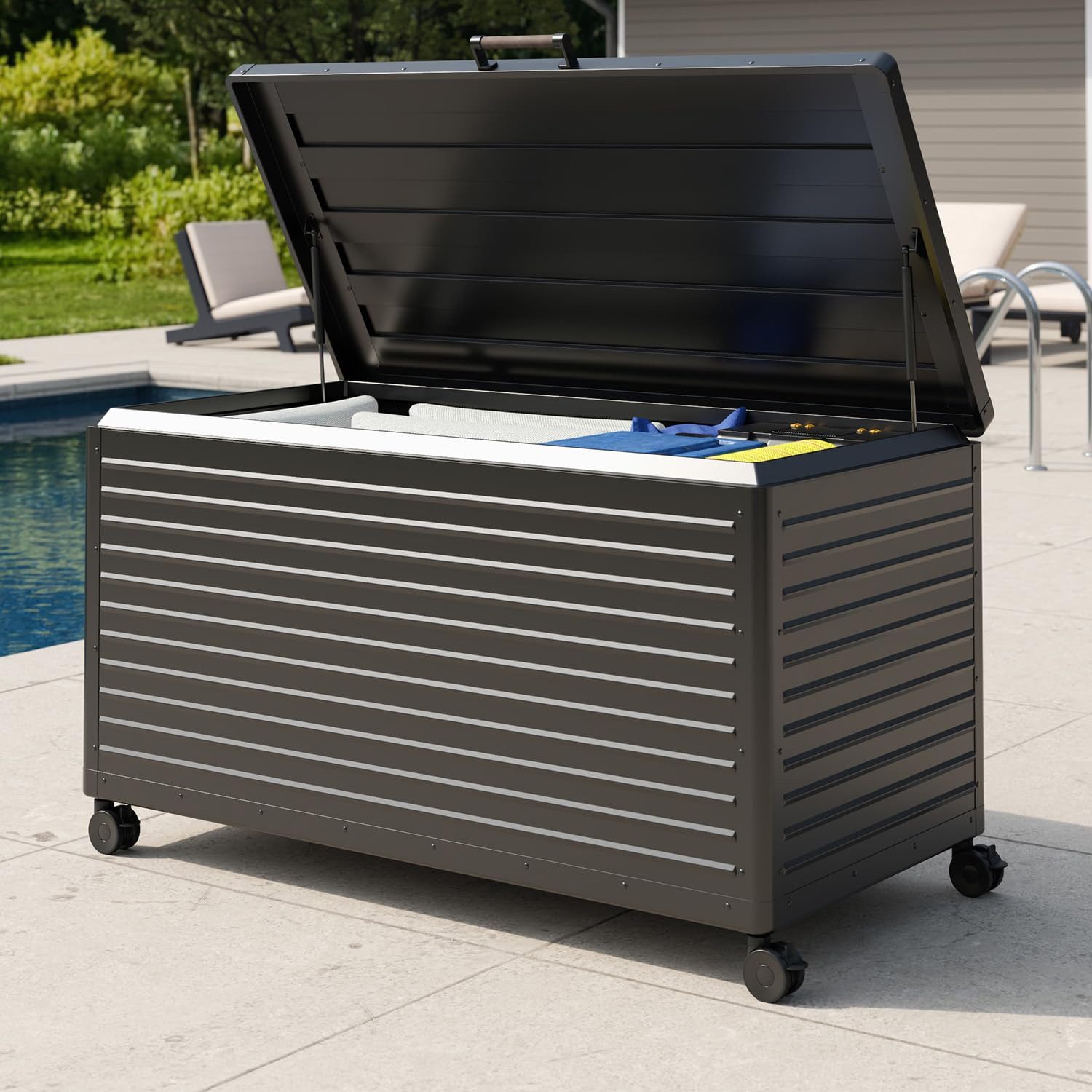Mirador Auflagenbox Gartenbox Aluminium Anthrazit Kissenbox fur Garten Balkon (Komplett-Set, 1-tlg), Rollbar, Haltegriffe, Gasdruckfedern
