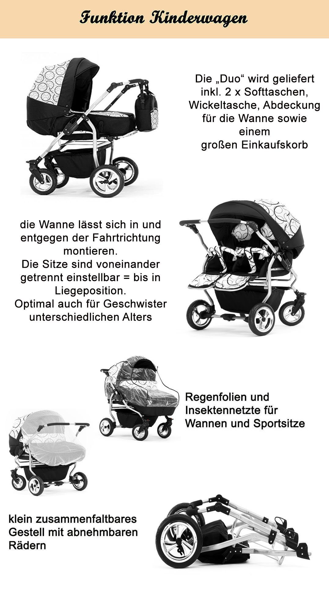 Zwillingskinderwagen in Schwarz-Gelb-Kreise Teile Elcar in Farben Zwillings-Kombikinderwagen 38 11 Duo - 1 2 -