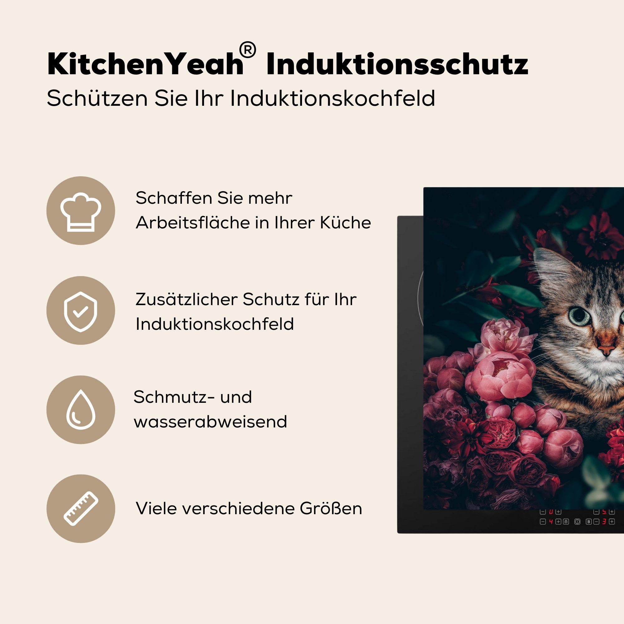 Induktionskochfeld, Vinyl, - - tlg), 57x51 MuchoWow Botanisch, Blumen (1 Ceranfeldabdeckung cm, - Tiere Induktionsschutz, Herdblende-/Abdeckplatte Katze