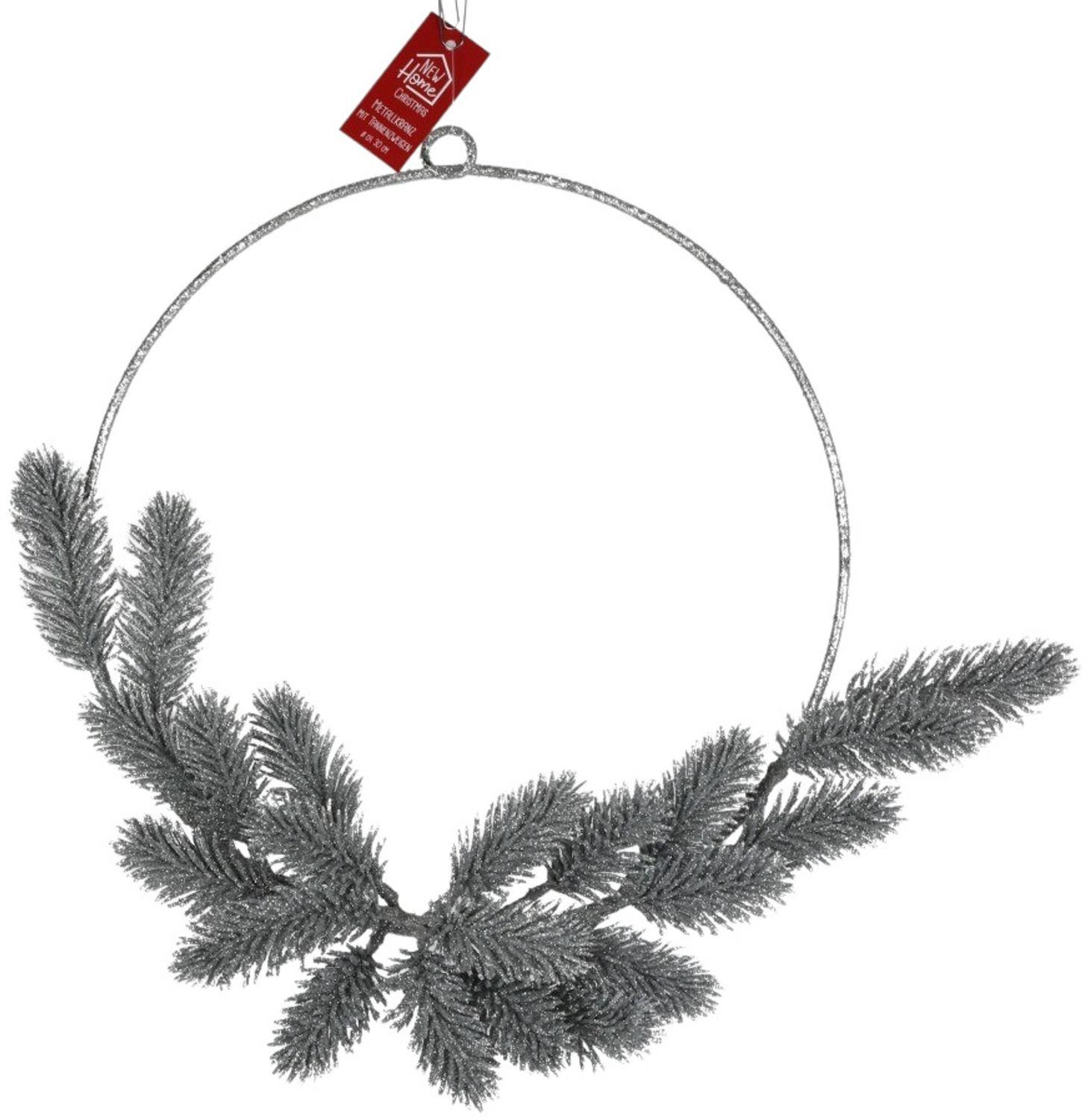 BURI Dekokranz Weihnachten Metallkranz silber 30cm mit Tannenzweigen Advent Dekoratio