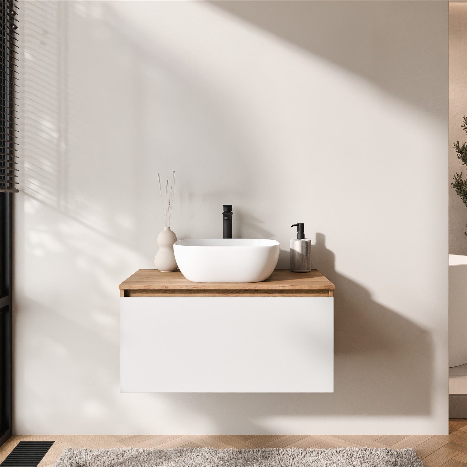 Planetmöbel Waschtisch-Set Arisa Waschtisch mit Waschbecken, Badmöbel Set, 80cm breit, (Waschtischunterschrank hängend für Gäste WC & Bad, weiß, Badmöbel Set mit Waschbecken 42 cm weiß), Schublade mit Soft-Close Funktion