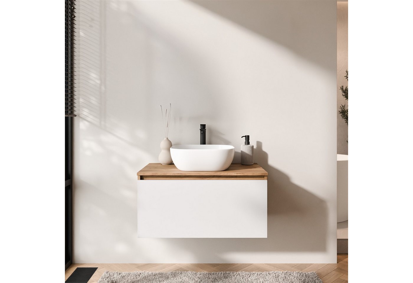 Planetmöbel Waschtisch-Set Arisa 2 teilig, Waschtisch mit Unterschrank 80 cm, Waschbecken 42 cm, (Waschtischunterschrank hängend für Gäste WC & Bad, weiß, Badmöbel Set mit Waschbecken 42 cm weiß), Schublade mit Soft-Close Funktion