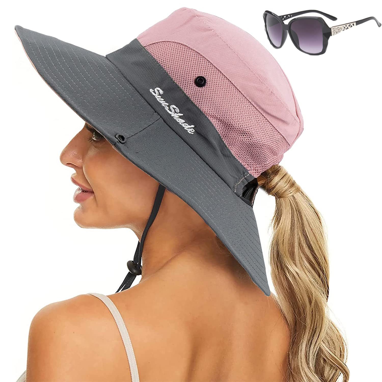 ZEUOPQ Sonnenhut Sonnenhut Damen Faltbarer Sonnenhut UV Schutz Sommerhut rosa (1-st, 1-St., Breiter Krempe mit UV-Schutz) Verstellbare Kinnband,atmungsaktivem