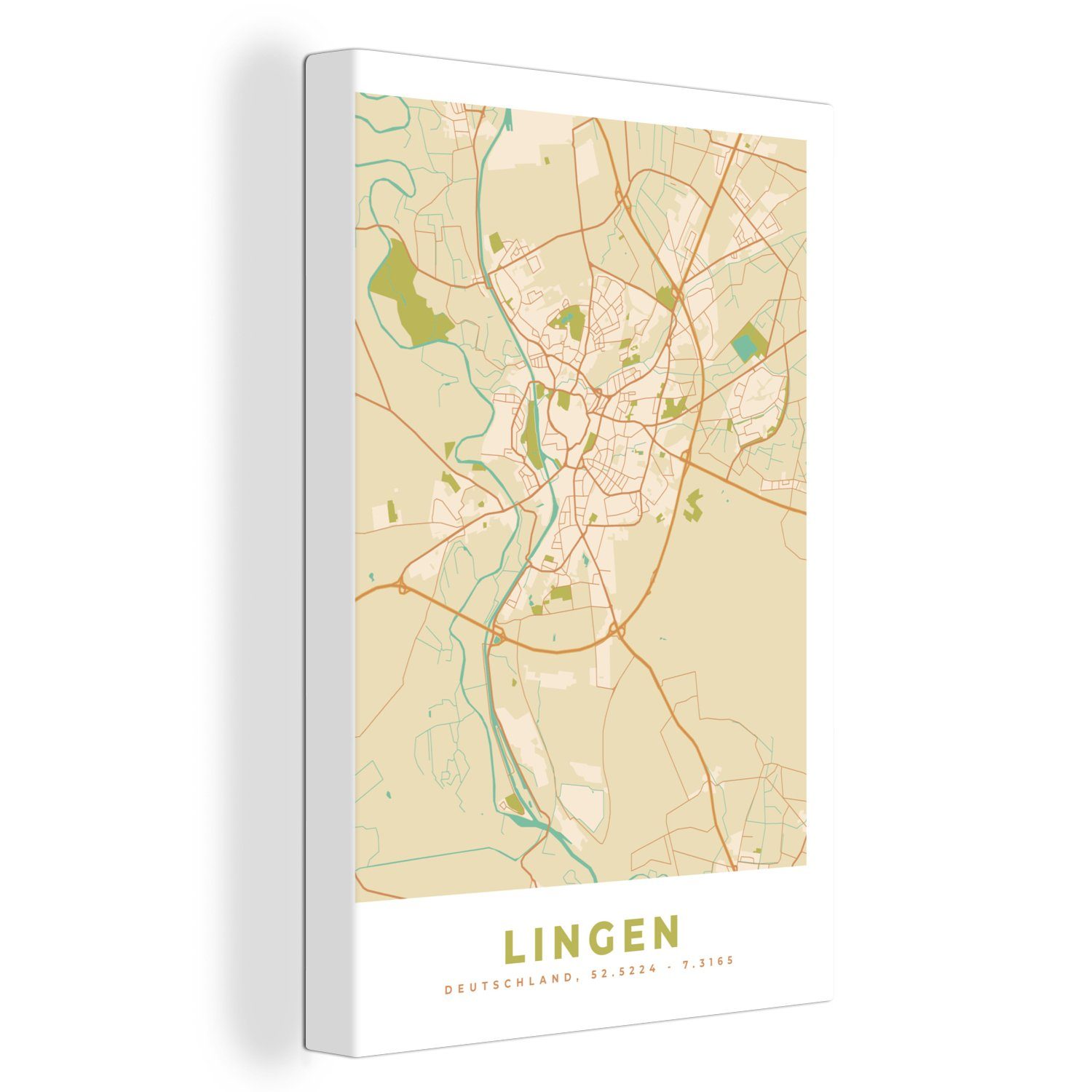 OneMillionCanvasses® Leinwandbild Lingen - Stadtplan - Karte, (1 St), Leinwandbild fertig bespannt inkl. Zackenaufhänger, Gemälde, 20x30 cm