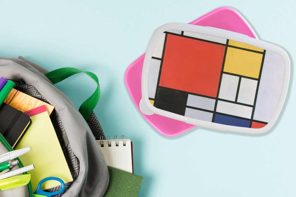 MuchoWow Lunchbox Kunst - Erwachsene, Brotbox rosa Kunststoff - für Mädchen, Kinder, (2-tlg), Brotdose Mondrian Meister, Alte Snackbox, Kunststoff