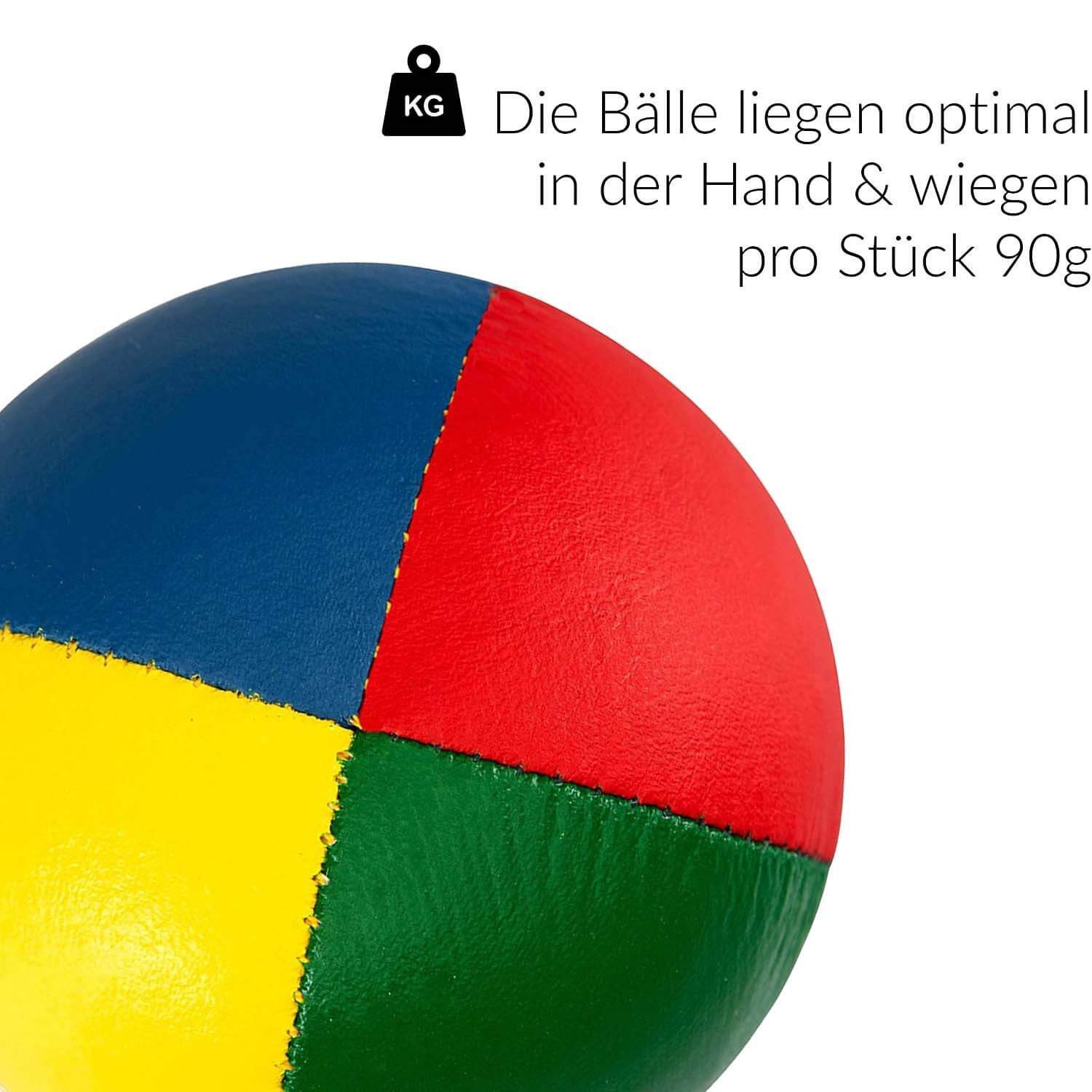 Diabolo Freizeitsport Jonglierball 3er & 5er Set, Jonglierbälle vierfarbig und zweifarbig (Balljonglage Set vierfarbig - Weiche Lernbälle für Einsteiger, 5-St., Koordinationsbälle 5 Stück - Softbälle zum Jonglieren Lernen), 5er Juggling Balls 58 mm, 90g - Profi Training mit Vogelhirse