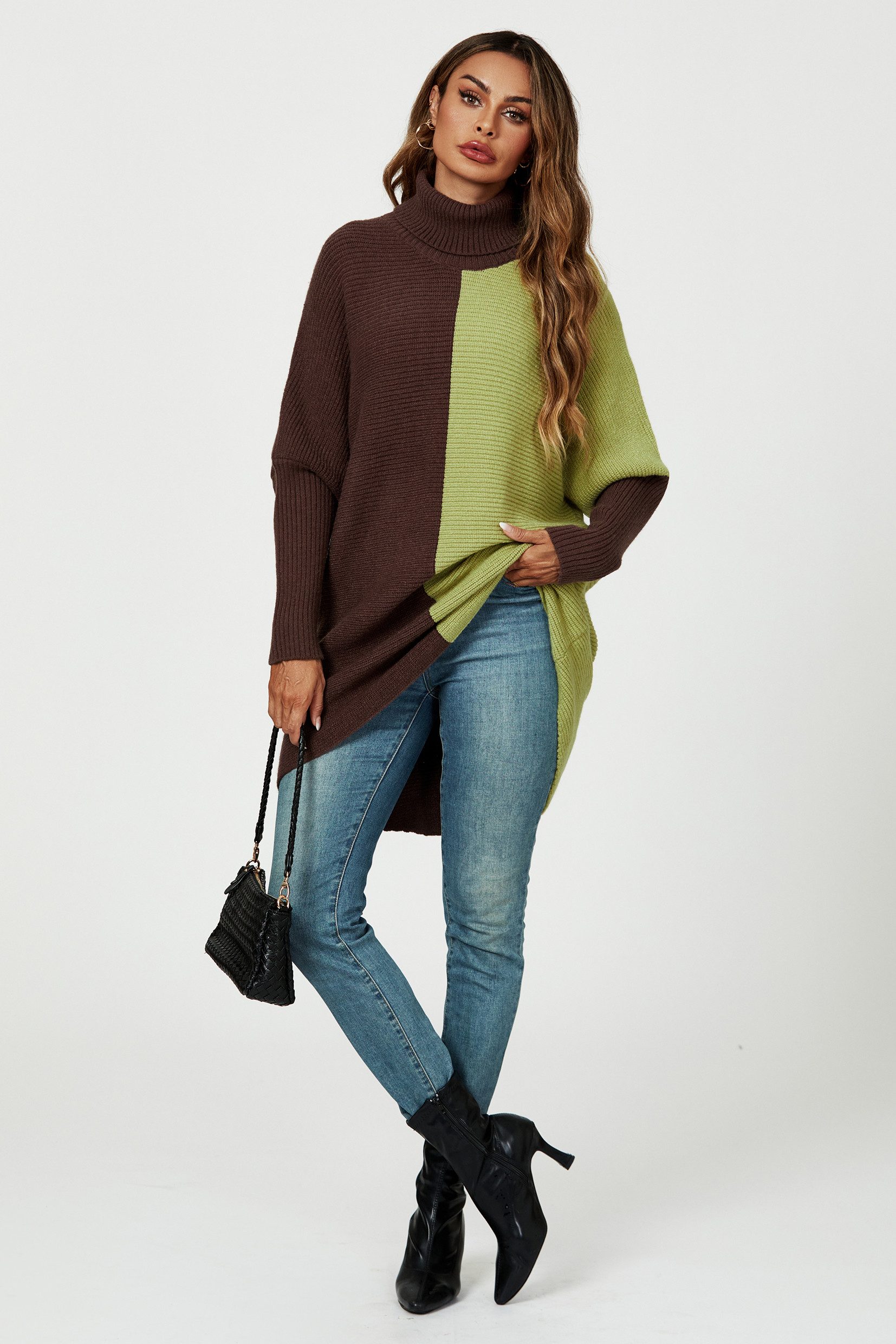 FS Collection Longpullover Damen Pullover-Oberteil Longpullover Blockfarben Rollkragen Halblang (Einheitsgröße: UK 8–16 / EU 36–44, 7 stilvollen Farbvarianten) 100% Acryl