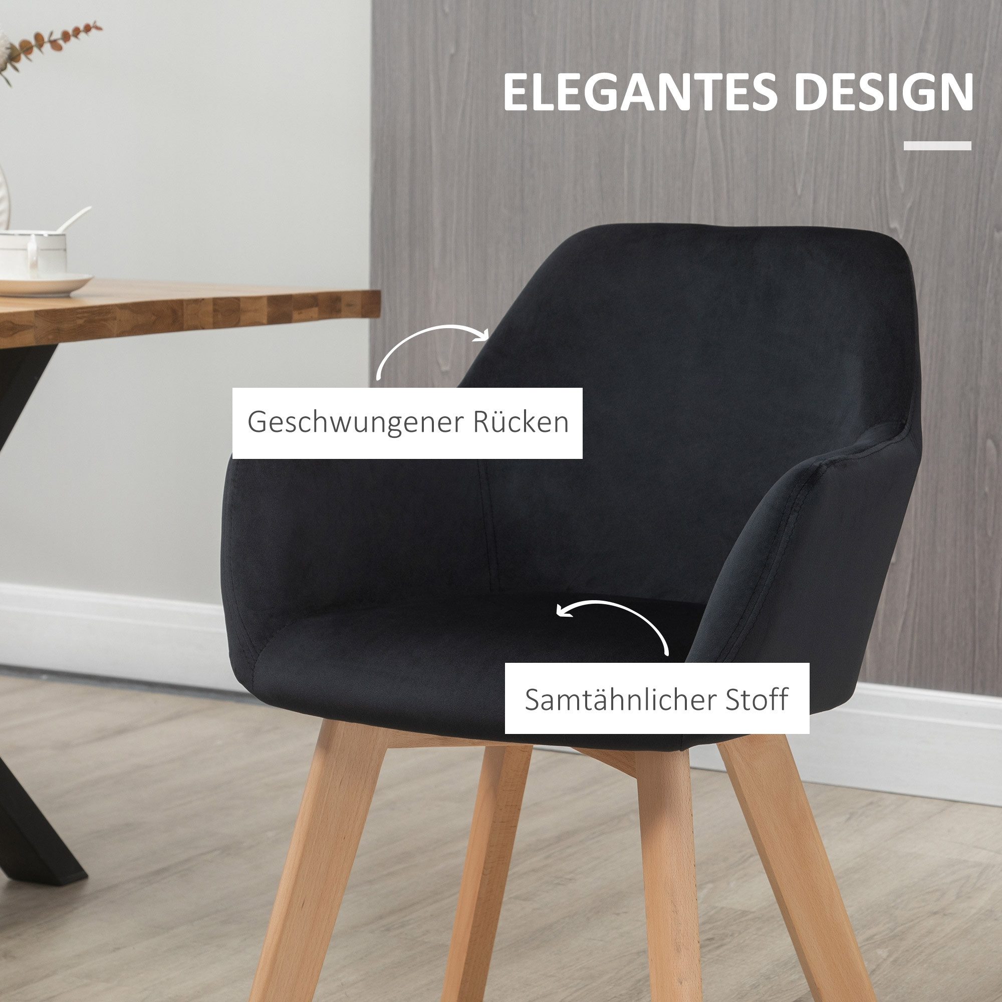 HOMCOM Esszimmerstuhl Sessel Polsterstuhl mit Armlehne, Samtoptik, Stühle mit Holzbeinen (Küchenstuhl, 2 St), für Wohnzimmer, Esszimmer, Schwarz – Bild 5 von 5