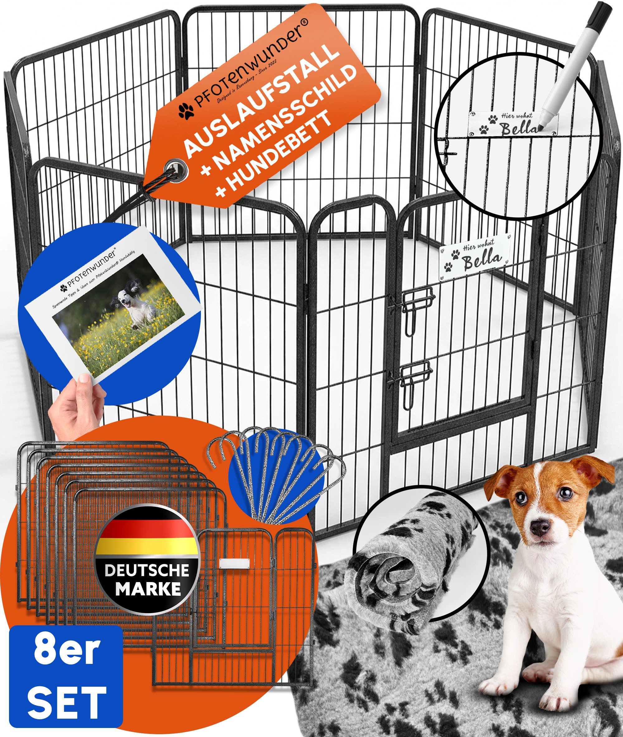 PfotenWunder Hundegitter Welpenauslauf 8/12-teilig 80cm + 1 Hundebett Welpen-Laufstall Hund (8 St)