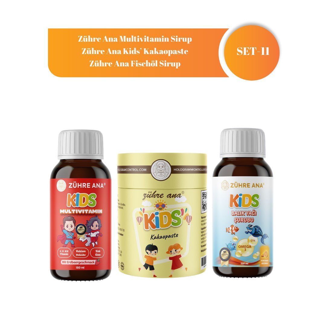Zühre Ana® Kinder-Multivitamin, Fischöl & Kids-Paste–3er Set für täglichen Suppor Sirup, Paste, Kids MultiVitamin mit Erdbeeraroma & Fischöl mit Orangenaroma