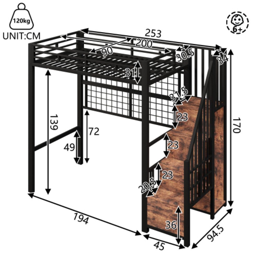 Ulife Hochbett 90 x 200cm, Eisenrahmen, Kleiderschrank, Stauraumleiter (3-St) 7-farbige LED-Leuchten, ohne Matratze