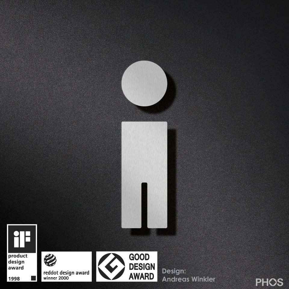 PHOS Design Hinweisschild, WC-Piktogramm aus Edelstahl - Herren (Design-Award), selbstklebend, (Modell: P0301), - 100% Made in Germany