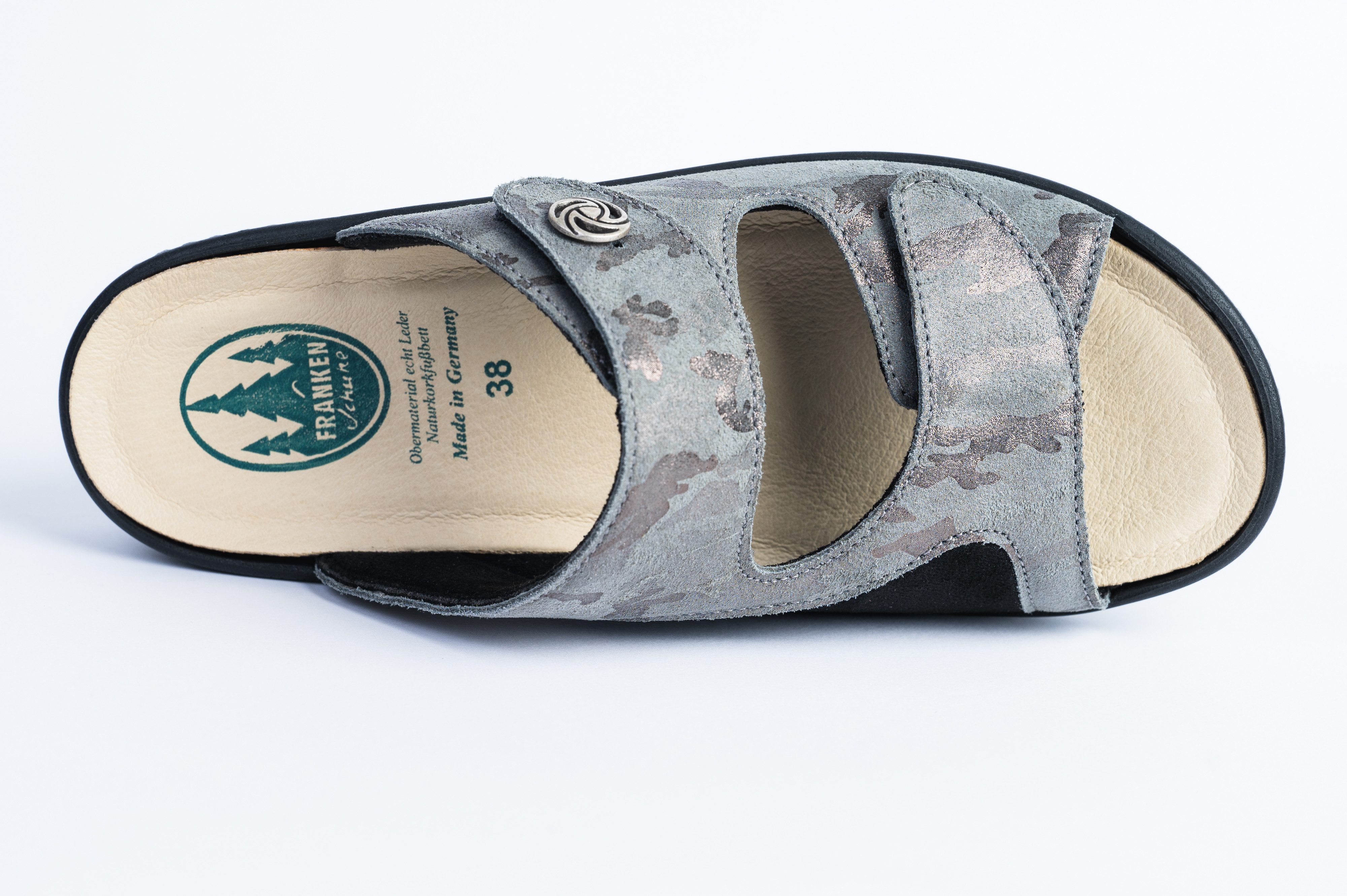 Franken-Schuhe Modell 200-G14 Farbe: smoke Damen Pantolette (mit loser Einlage und STRETCH für Hallux Valgus) lose Einlage, Klettverschluß, Wechselfußbett