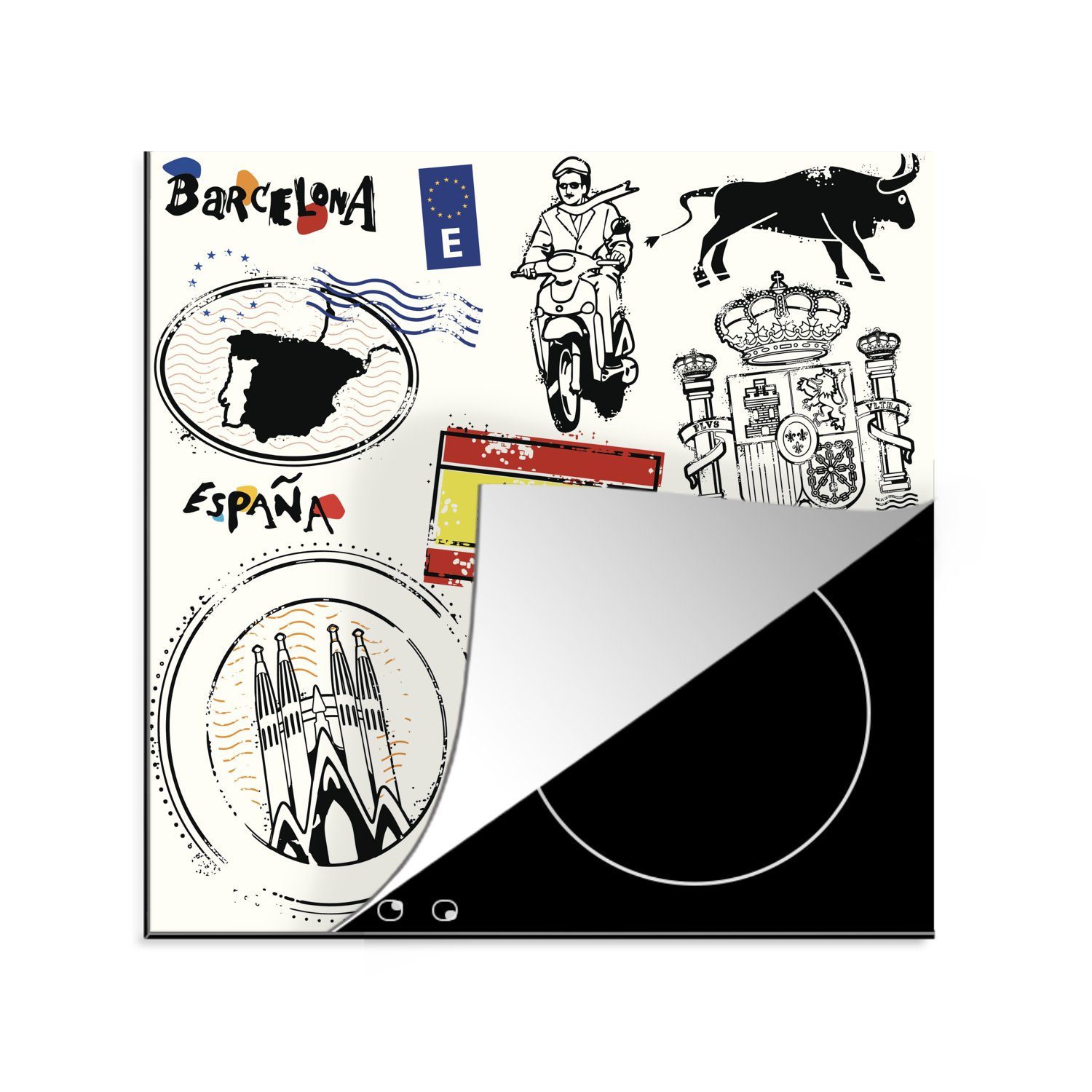 MuchoWow Herdblende-/Abdeckplatte Illustrationen aus Spanien, Vinyl, (1 tlg), 78x78 cm, Ceranfeldabdeckung, Arbeitsplatte für küche | Herdabdeckplatten