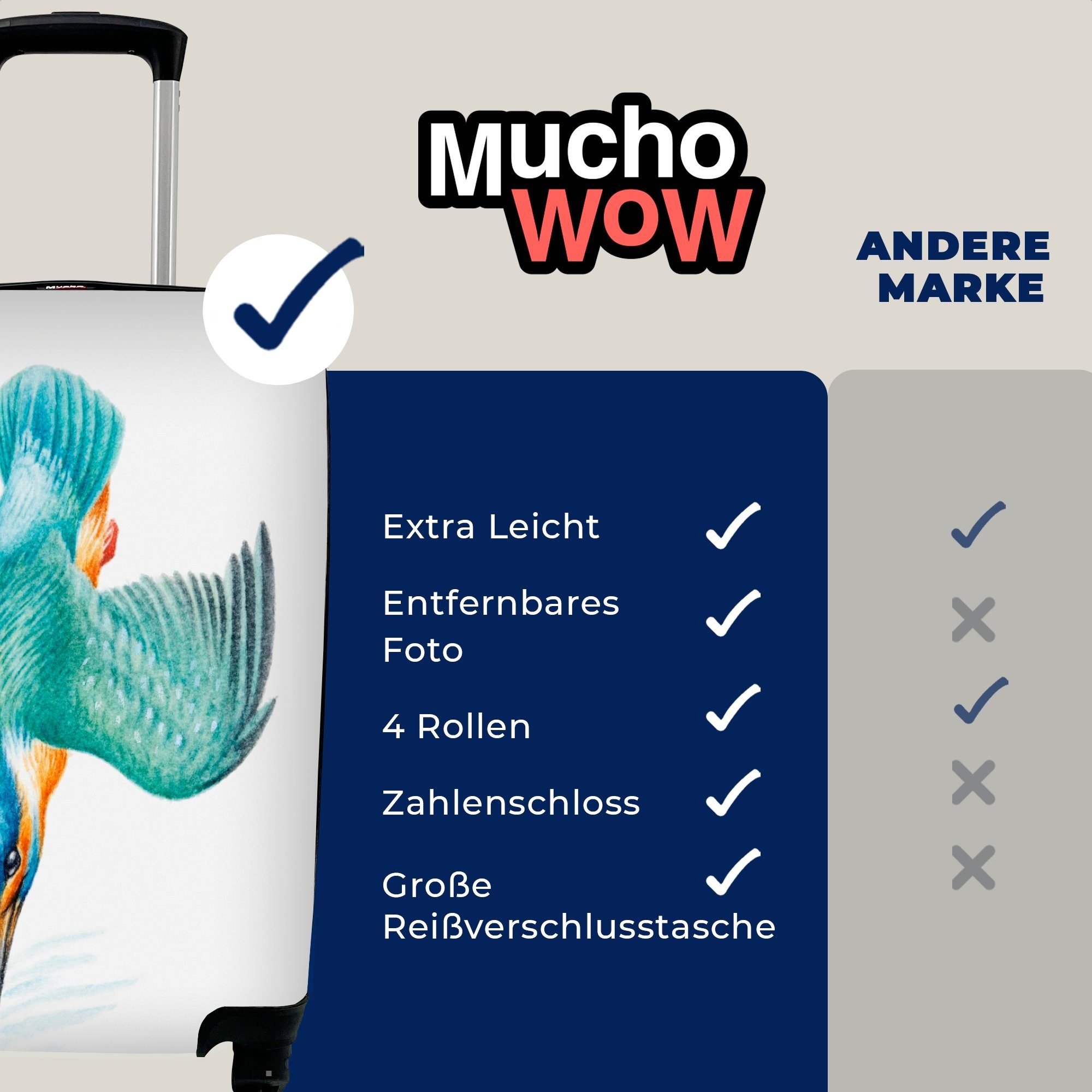 MuchoWow Handgepäckkoffer Vogel - Aquarell, - Reisetasche rollen, Rollen, Reisekoffer Handgepäck für 4 Trolley, mit Ferien, Federn
