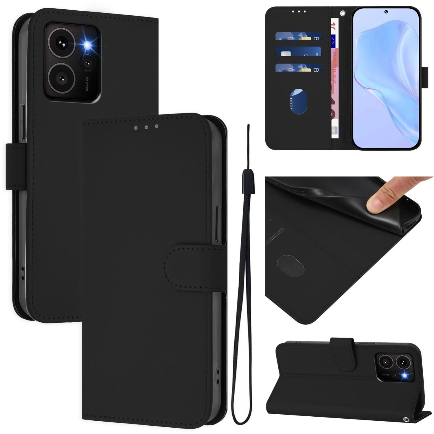 Wigento Smartphone-Hülle Für HMD Skyline Kunstleder Skin Feel Solid Color Tasche Hülle Schwarz, Kunstleder Hülle mit Kartenfächern, Flip-Stand und Lanyard