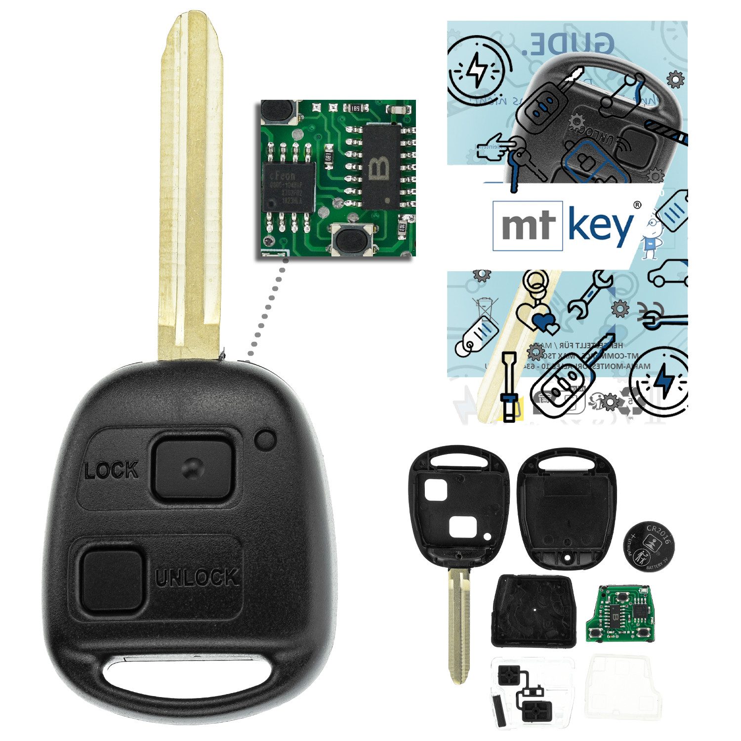 mt-key Schlüsseltasche 2 Tasten Auto Funkschlüssel ID67 TOY47 434MHZ (Set), für Toyota Corolla (E12, 01–07); Land Cruiser (J120, 02–09); Picni...