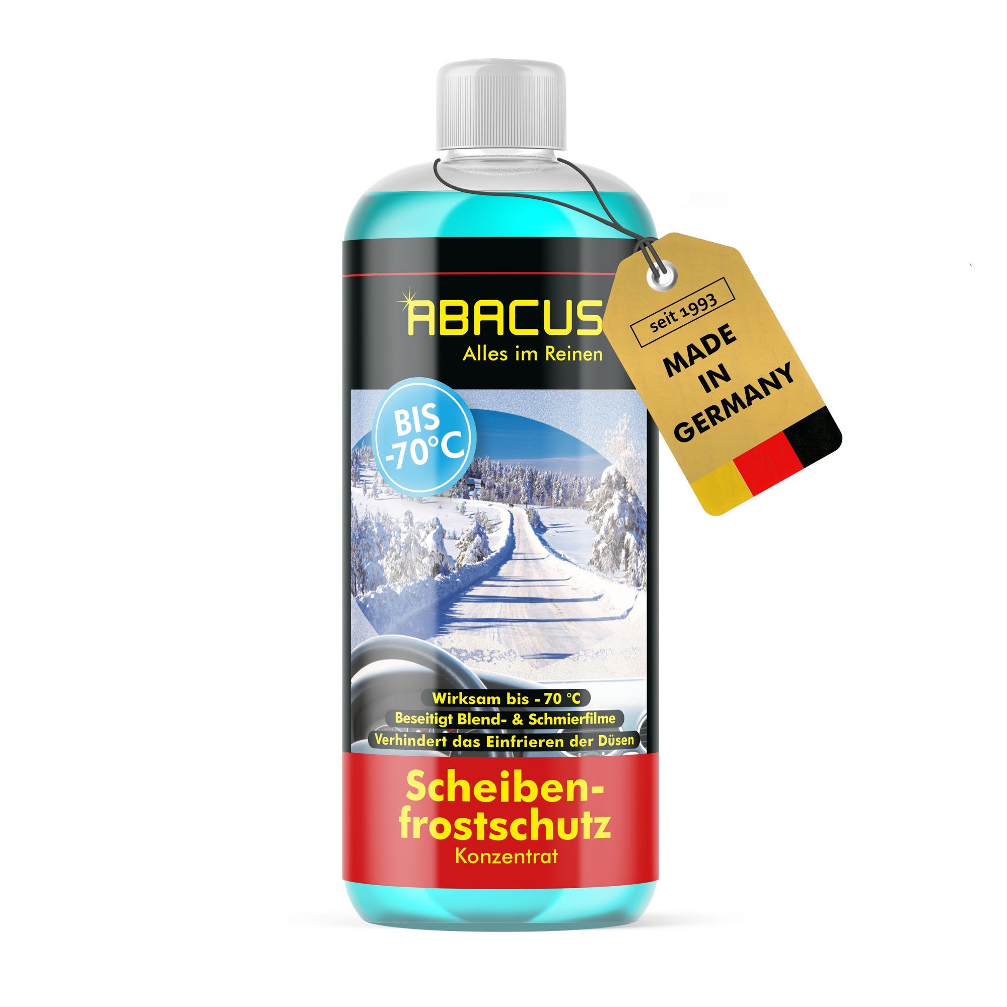 ABACUS Scheibenfrostschutz Scheibenfrostschutz bis -70 °C Антифриз Konzentrat, 1 l, Sicher für alle Materialien, Lacke & Dichtungen, 1 St., Wirkt bis -70 °C, Reinigt ohne zu schmieren