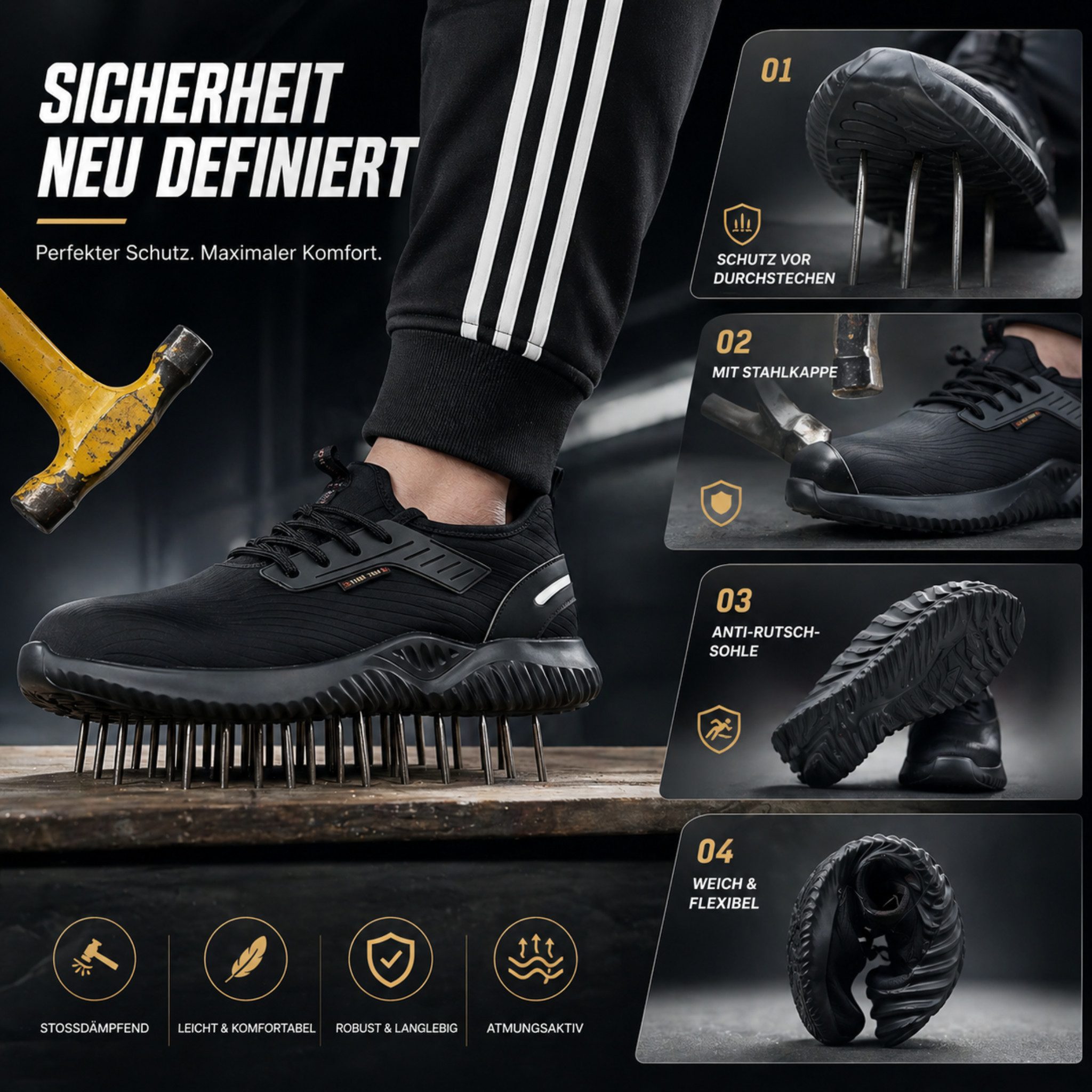 ARMORAX Sicherheitsschuhe mit Stahlkappe unisex, Sicherheitsschuh schwarz Arbeitsschuh flexibler Sicherheitsschuh mit Stahlkappe