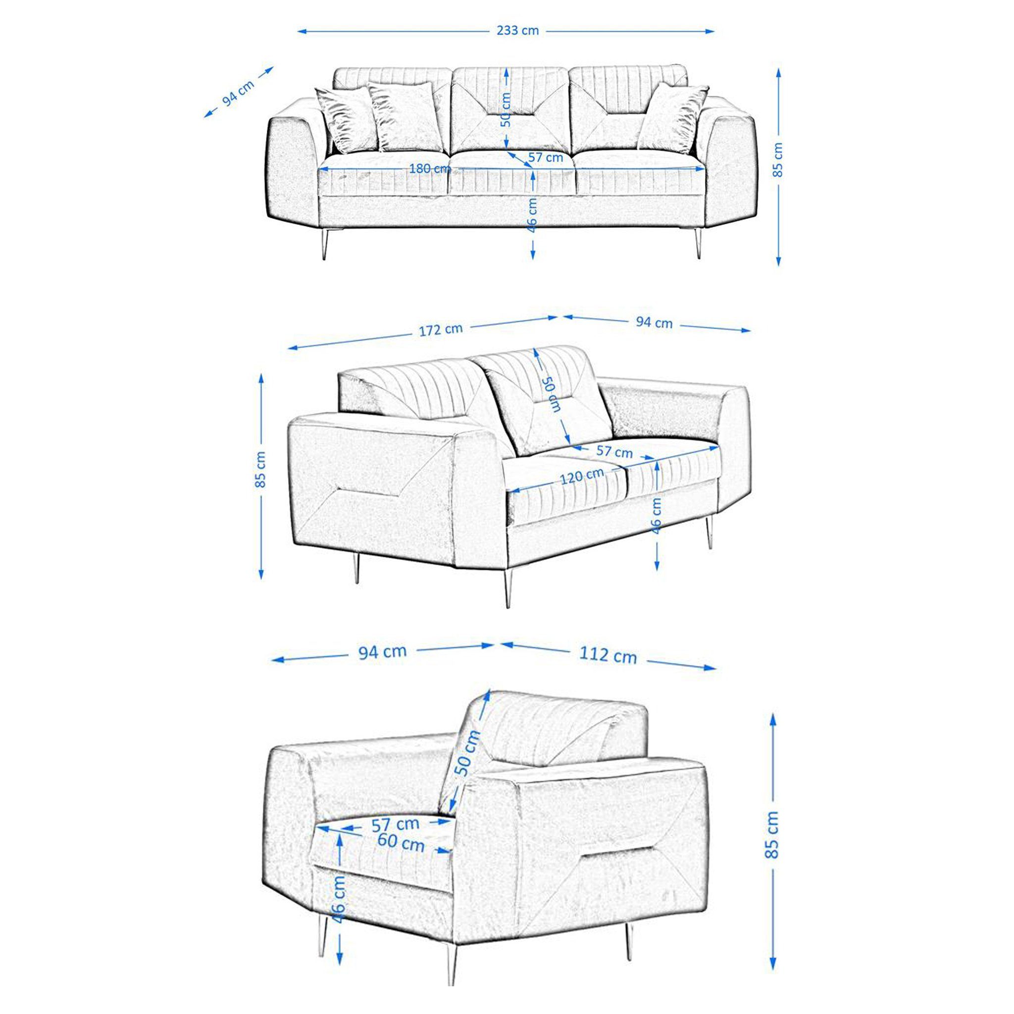 2-Sitzer Velours aus (Sessel Design), (bluvel im modernes Polstergarnitur VENEZIA, Couchgarnituren + 3-Sitzer Beautysofa Grün Sofa 77) + mit Metallbeine, Sofa