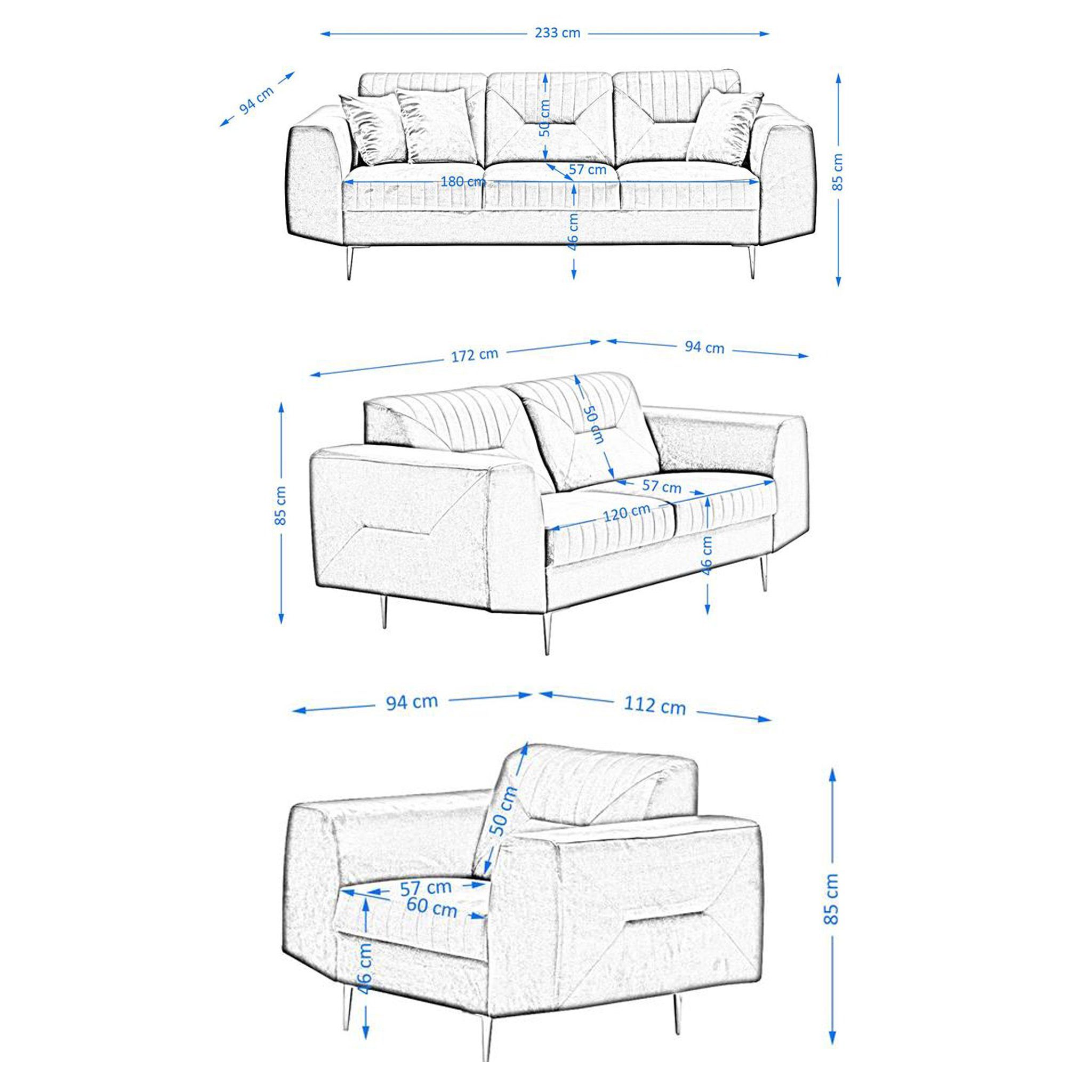 Couchgarnituren Sofa 14) + im + Beautysofa Design), 2-Sitzer Polstergarnitur Metallbeine, VENEZIA, (Sessel modernes Velours Grau aus 3-Sitzer (bluvel mit Sofa