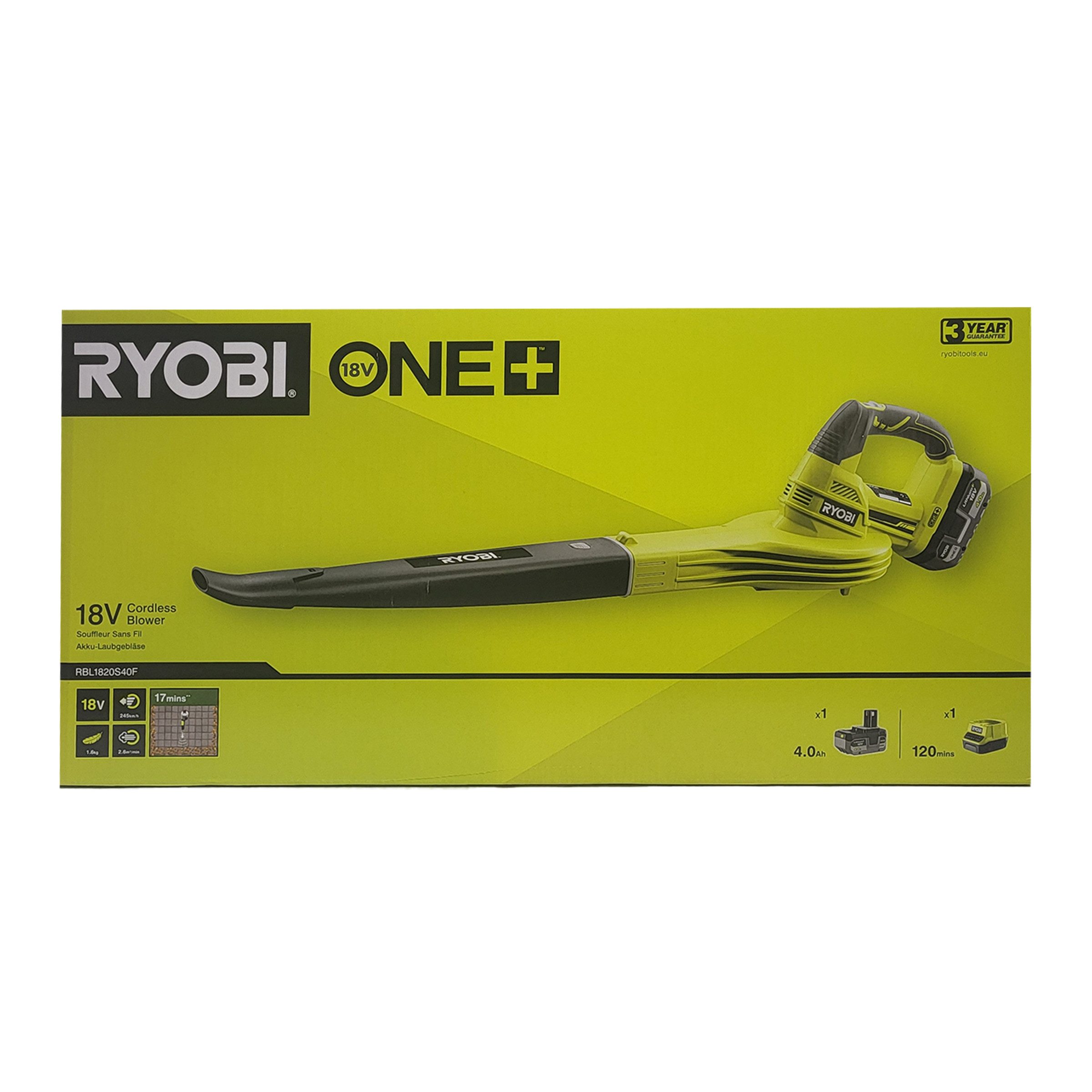 RYOBI Akku-Laubbläser Ryobi Akku-Laubbläser Set 18V ONE+ RBL1820S 4,0Ah 245km/h, (1 St)