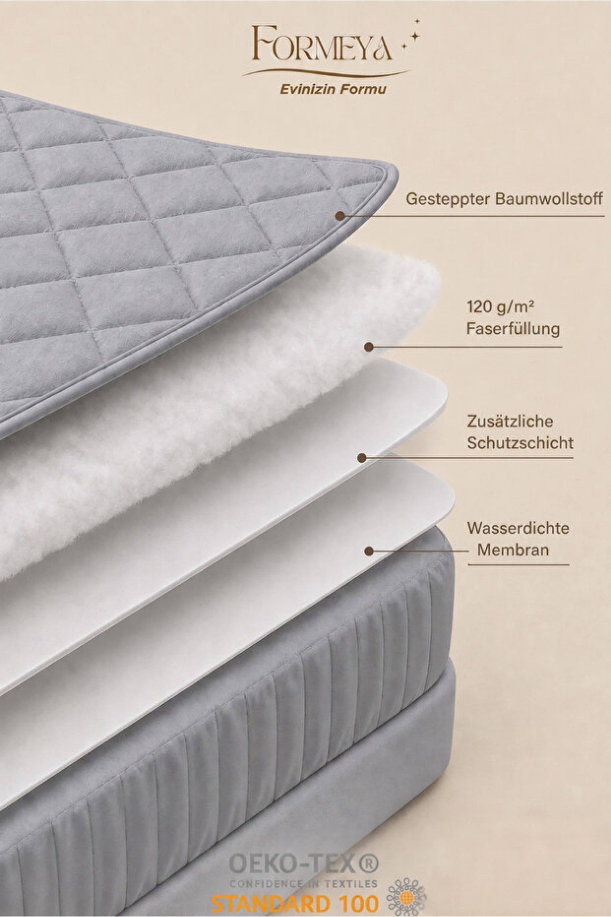 Matratzenschoner Wasserdichter Gesteppter Matratzenschoner aus 100 % Baumwolle Formeya – Bild 3 von 5