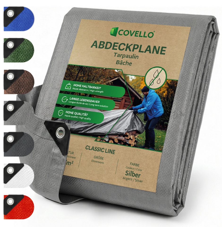 Covello Schutzplane 90g/m² silber, Abdeckplane mit Ösen wasserdicht, Plane UV-stabilisiert in vielen verschiedenen Farben & Größen
