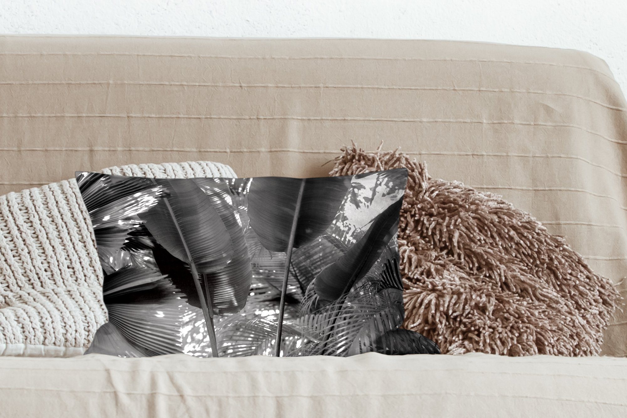 MuchoWow Dekokissen Tropische Blätter Schlafzimmer im - mit weiß, Zierkissen, Dekokissen schwarz Wohzimmer Dekoration, Füllung, Dschungel und Fotodruck