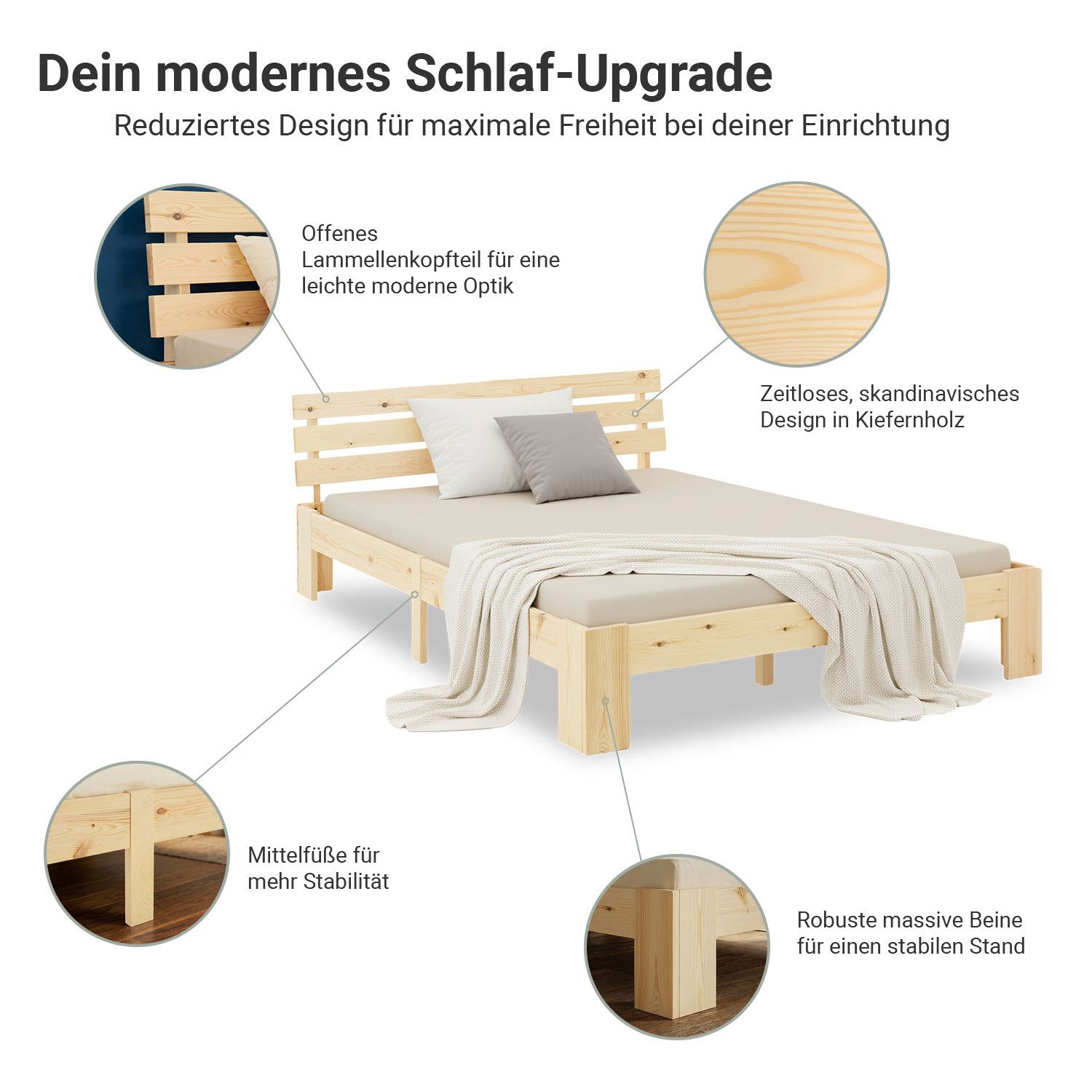 Homestyle4u Holzbett 90x200 140x200 160x200 180x200 Bettkasten Lattenrost Natur Weiß Grau (Set, mit Lattenrost, 1x Komfortschaumatratze H3 mit OEKO-TEX® Standard 100), 120x200, Kiefer, naturbleassen, schlicht