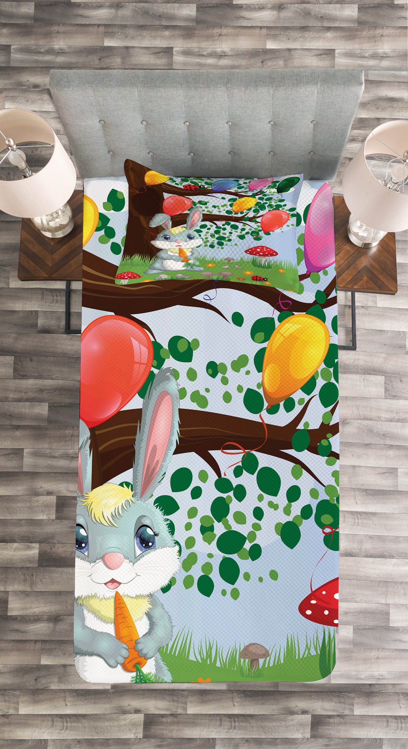 Tagesdecke Set mit Kissenbezügen Waschbar, Insekten Abakuhaus, Häschen-Ballone Blumen