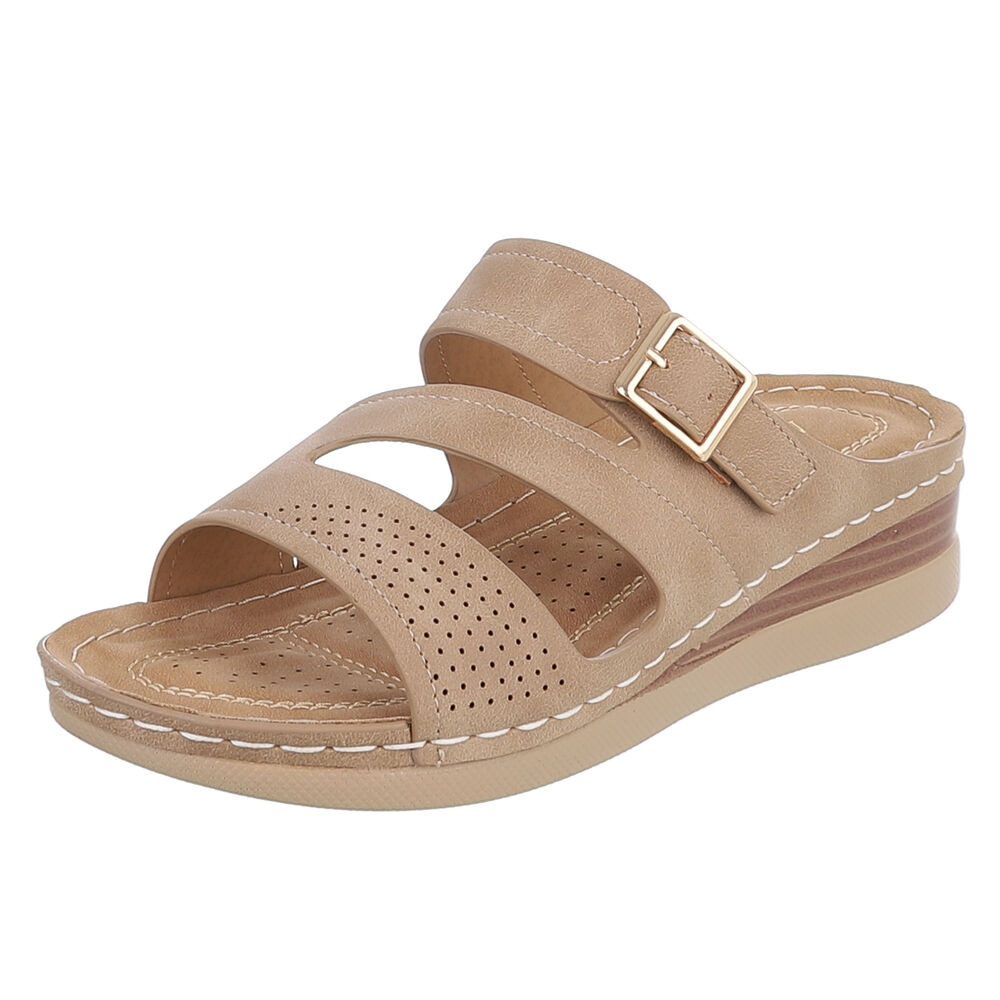 Ital-Design Damen Keilsandale mit Schnalle und Komfortfußbett Pantolette (91849241) Keilabsatz/Wedge Keilsandaletten in Hellbraun