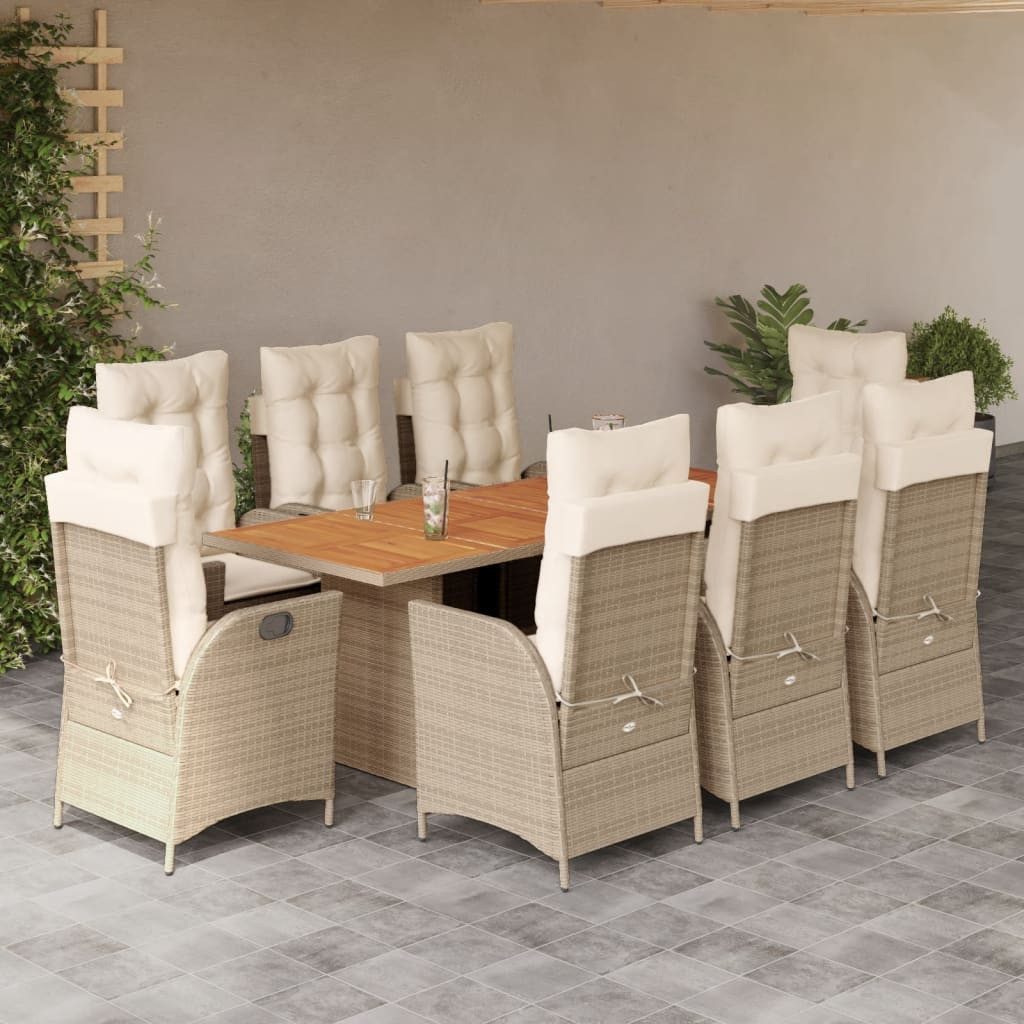 vidaXL Garten-Essgruppe 9-tlg. Garten-Essgruppe mit Kissen Beige Poly Rattan, (8-tlg)