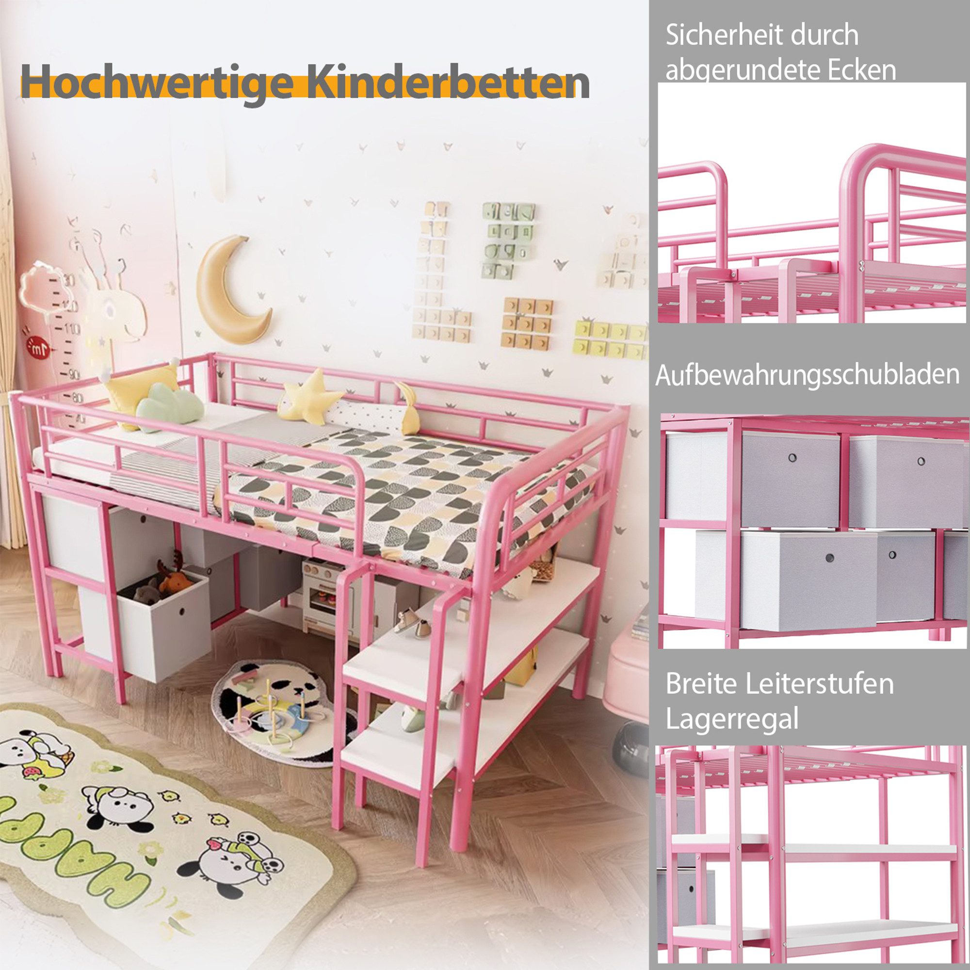 Flieks Hochbett Kinderbett Metallbett 90x200cm mit breiter Treppe, Schubladen, Regalen