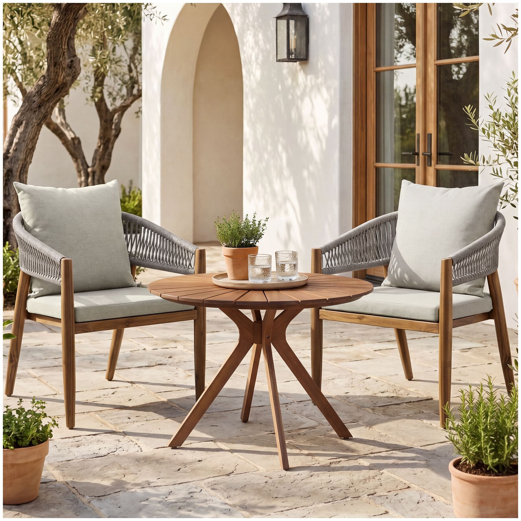 tectake Gartenlounge-Set Wetterfestes Gartenmöbelset aus Akazienholz mit, (Gartenmöbel Set 3-Teilig, 3-tlg., in Greige), Wasserabweisende, abnehmbare Bezüge, Inkl. Sitzpolster und Kissen